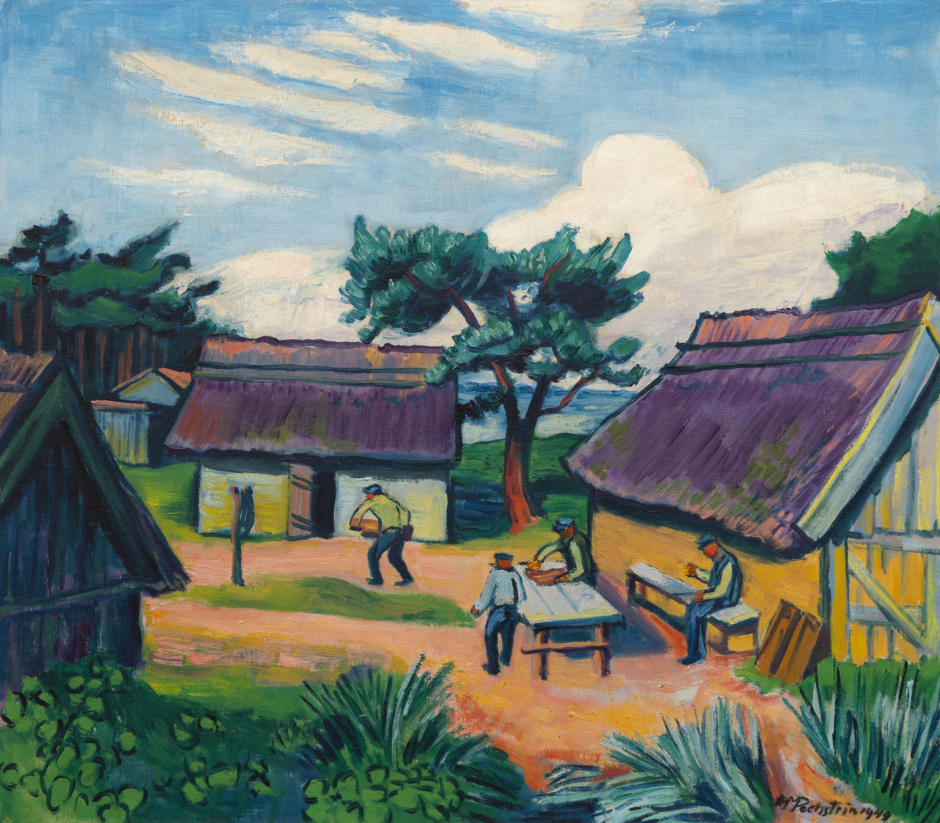 Max Pechstein Figurative Painting – Alte Fischerhutten - Expressionistisches Ölgemälde eines Fischerdorfs, 1949
