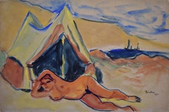 Used  Reclining Nude on the Beach - Watercolour - Female Nude Brucke German