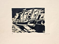 Small Steamers 1911, colour woodcut Signed German Expressionist