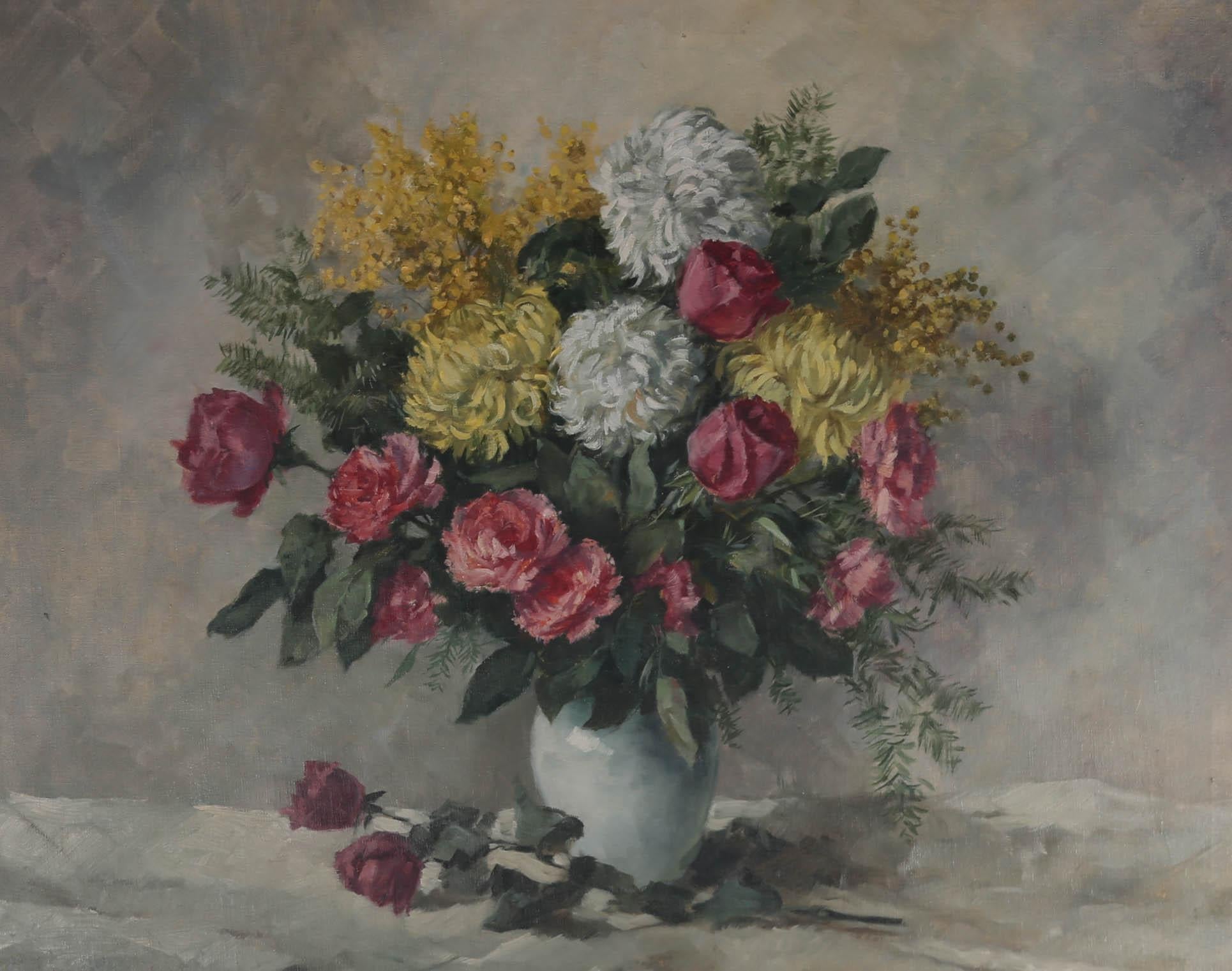 Max Pistorius (1894-1960) - Huile, roses et chrysanthmes du milieu du XXe sicle 1