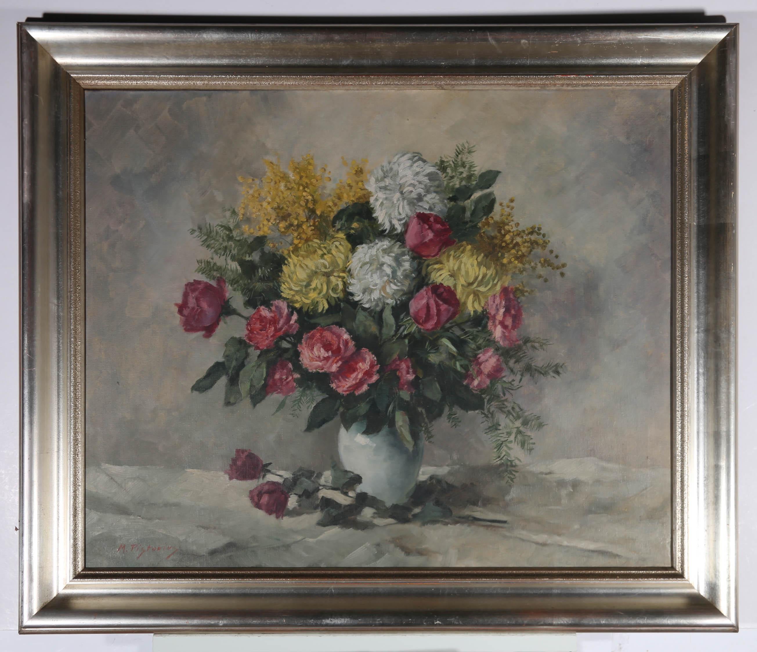 Max Pistorius (1894-1960) - Huile, roses et chrysanthmes du milieu du XXe sicle 2