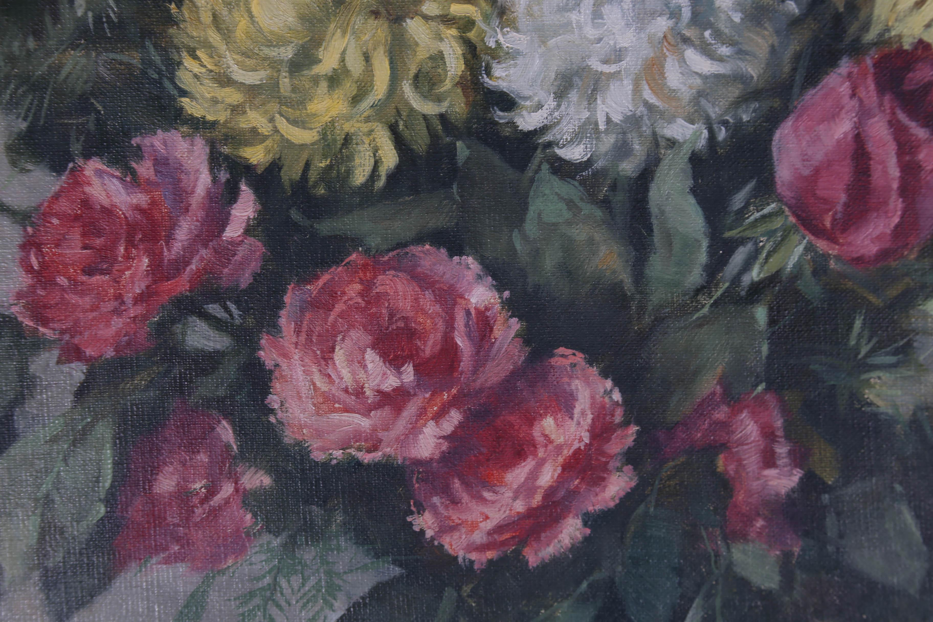 Max Pistorius (1894-1960) - Huile, roses et chrysanthmes du milieu du XXe sicle 4
