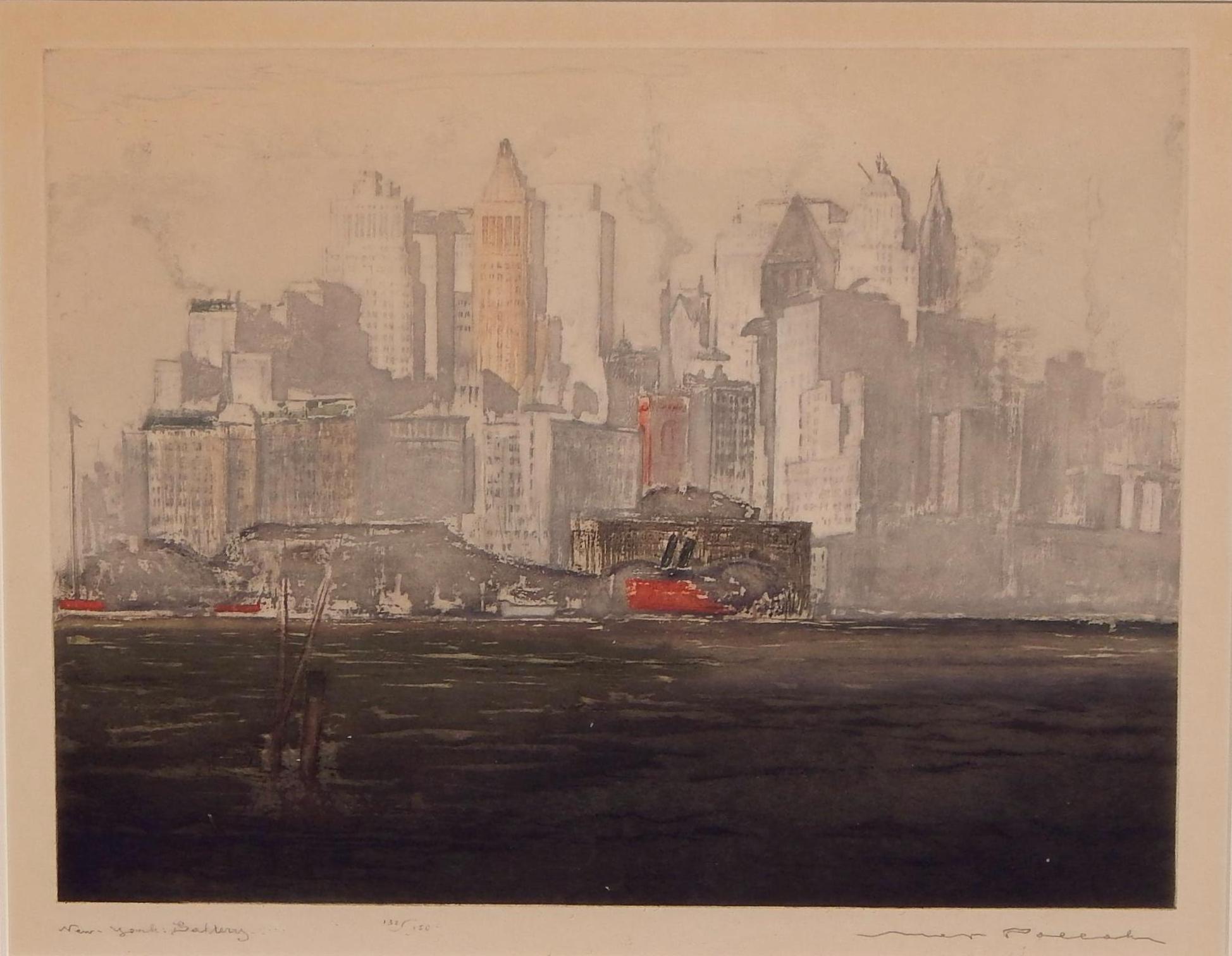 Grande gravure et aquatinte en couleur de New York par l'artiste tchèque/californien Max Pollak, (1886-1970)
Cette estampe est intitulée 