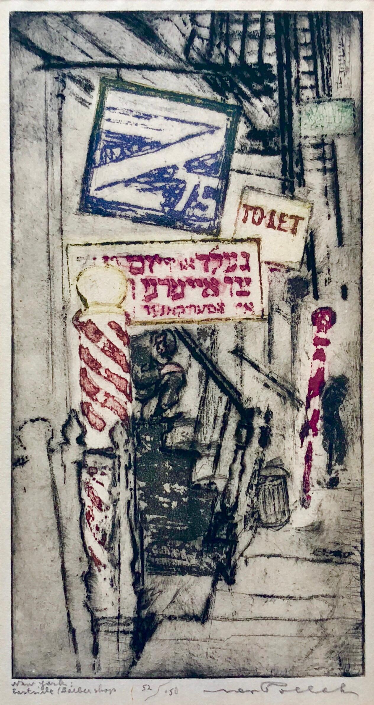 Handsigniert, nummeriert und betitelt. Es zeigt die alte Lower East Side von New York City mit ihren Mietskasernen und verschiedenen Sprachschildern, Friseurstangen und herumlungernden Figuren. Hier gibt es Jiddisch, bevor es Chinatown wurde. 
8 7/8