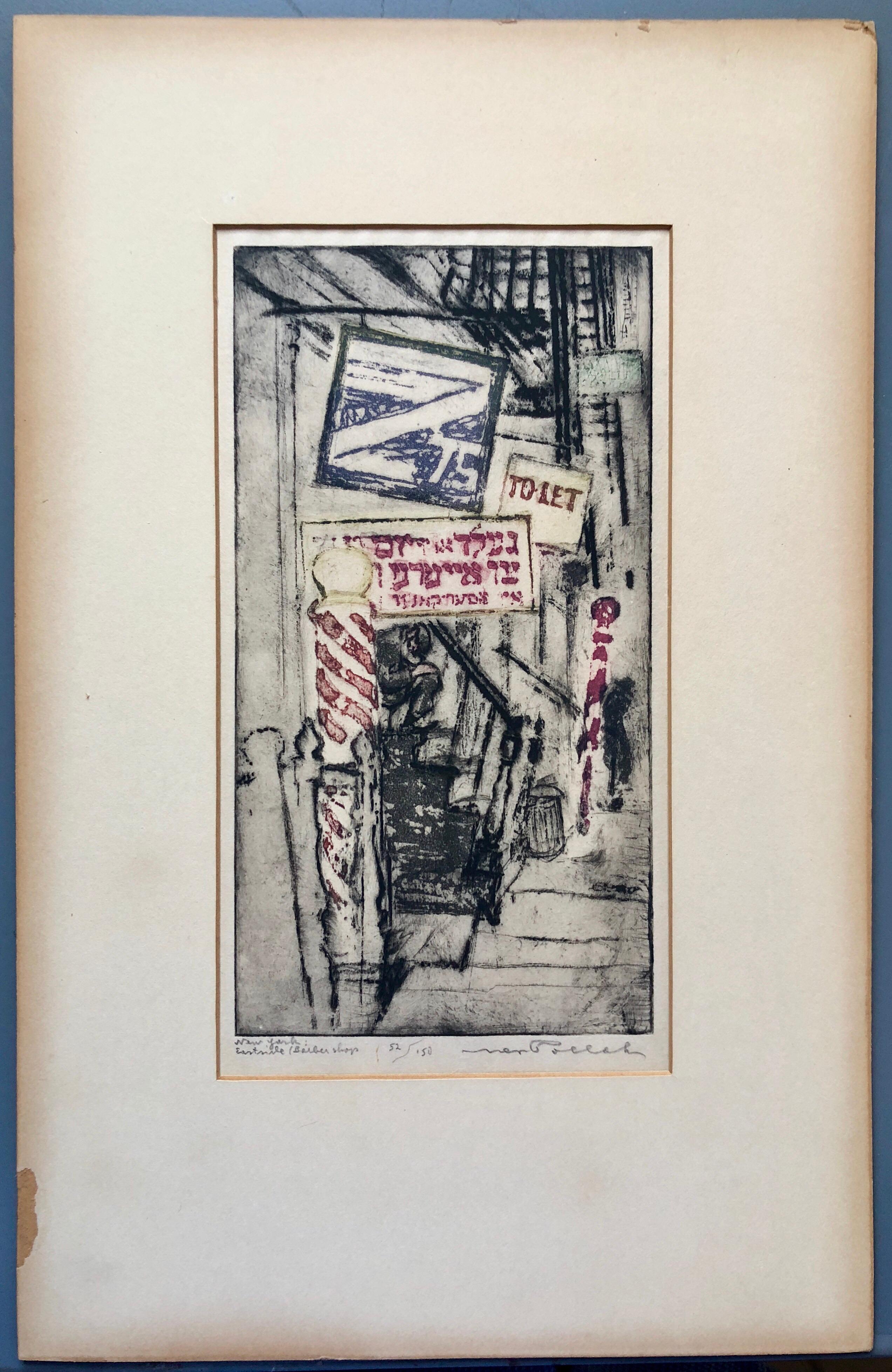 Hand signed, numbered and titled. It depicts the old lower east side of New York city with its tenements and different language signes, barber shop poles and loitering figures. This one has Yiddish before it became Chinatown. 
8 7/8 x 4 3/4