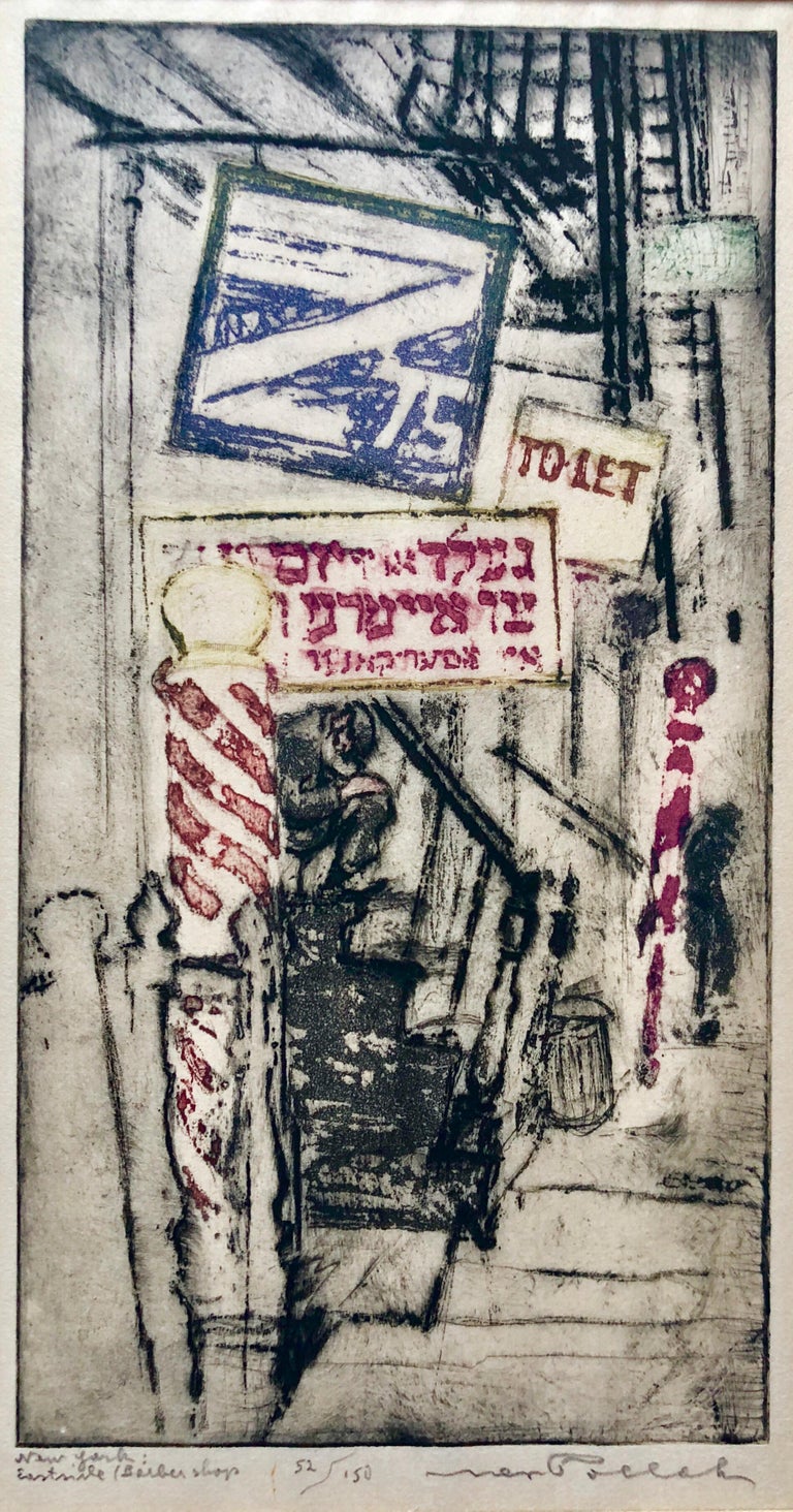 Max Pollak Landscape Print - Lower East Side Tenements Yiddish Barber Shop 1920's Aquatint Etching Judaica