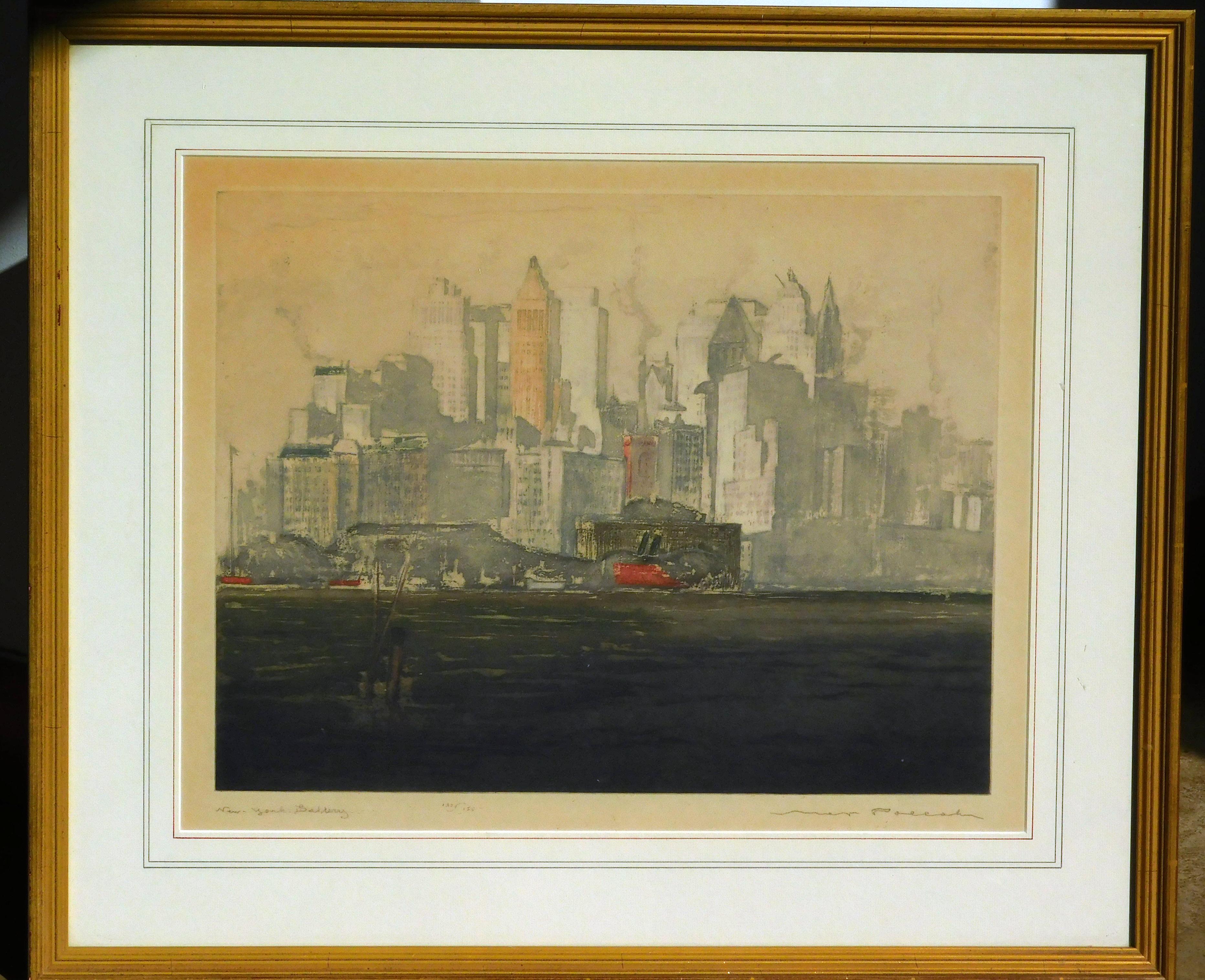 Originalfarbige Radierung „New York Battery“ von Max Pollak im Angebot 4