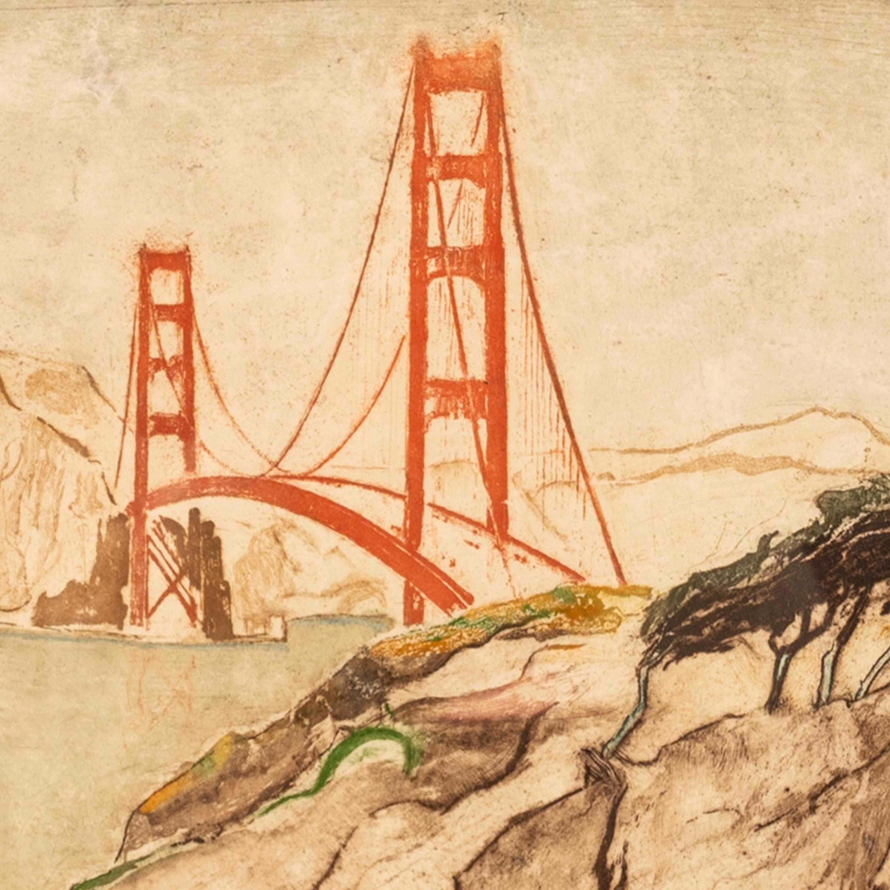 Max Pollak San Francisco Colored Etching Aquatint Golden Gate Bridge Signed 1944 9
