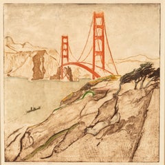 Max Pollak San Francisco Colored Etching Aquatint Golden Gate Bridge Signed 1944