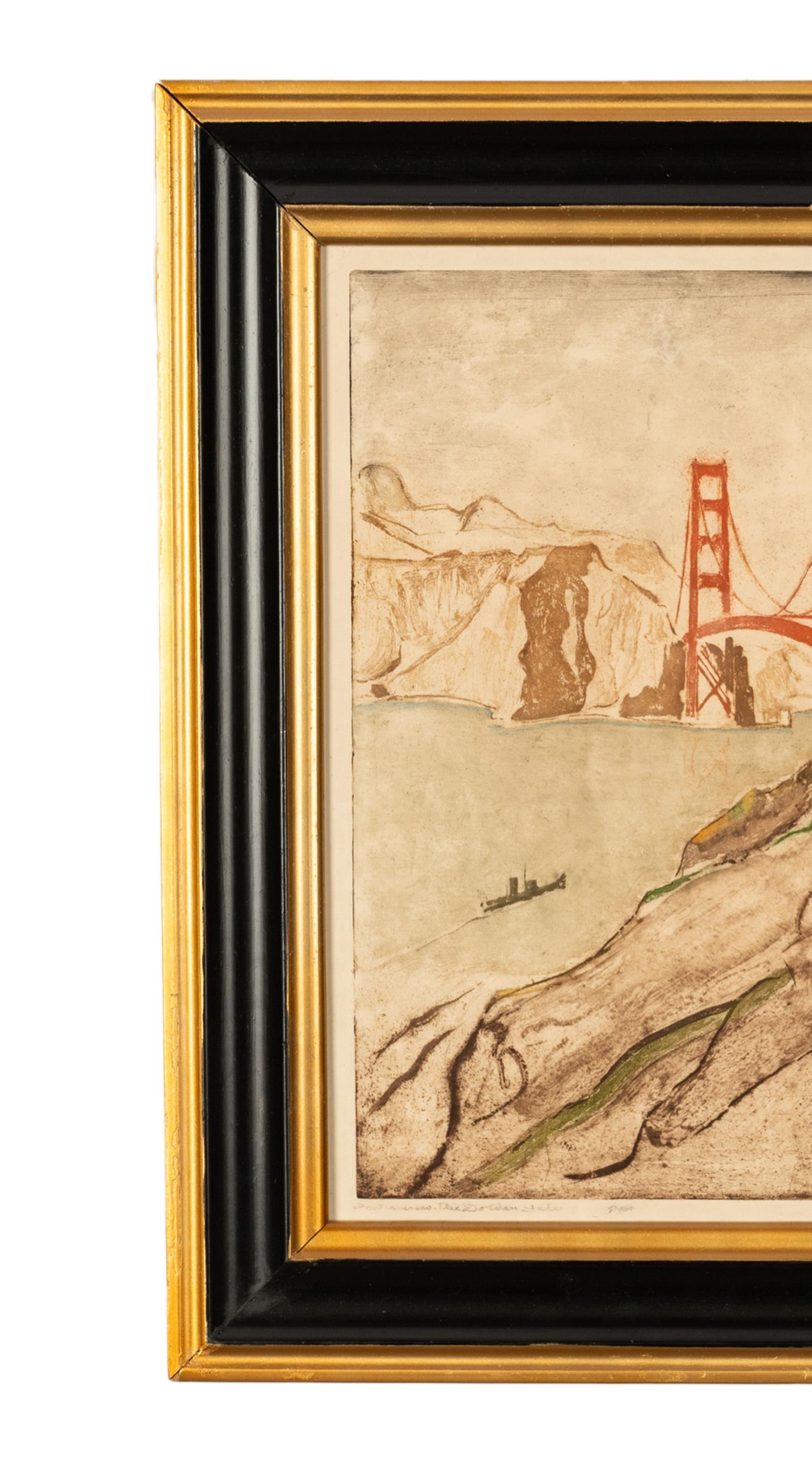Max Pollak San Francisco Colored Etching Aquatint Golden Gate Bridge Signed 1944 2