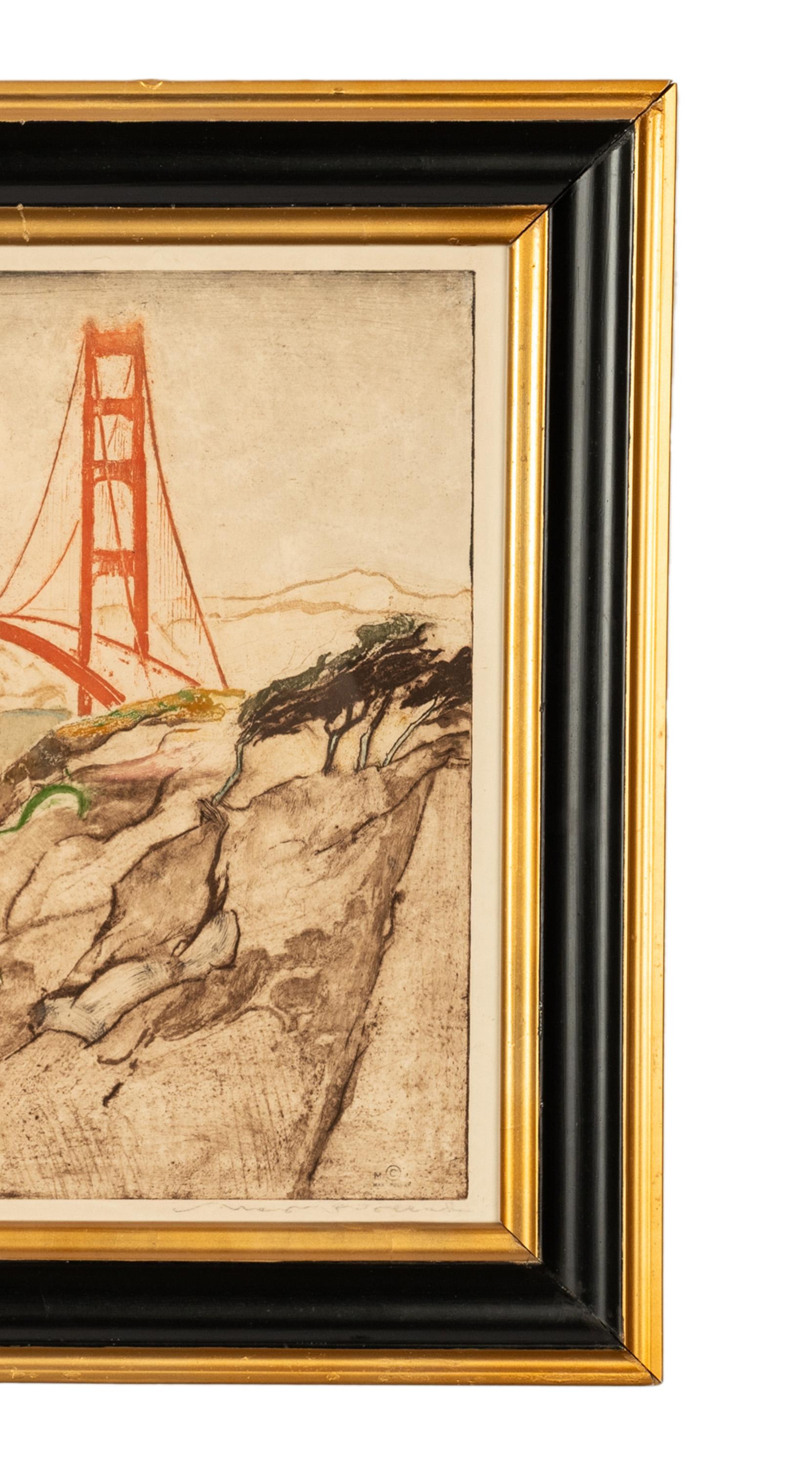 Max Pollak San Francisco Colored Etching Aquatint Golden Gate Bridge Signed 1944 3