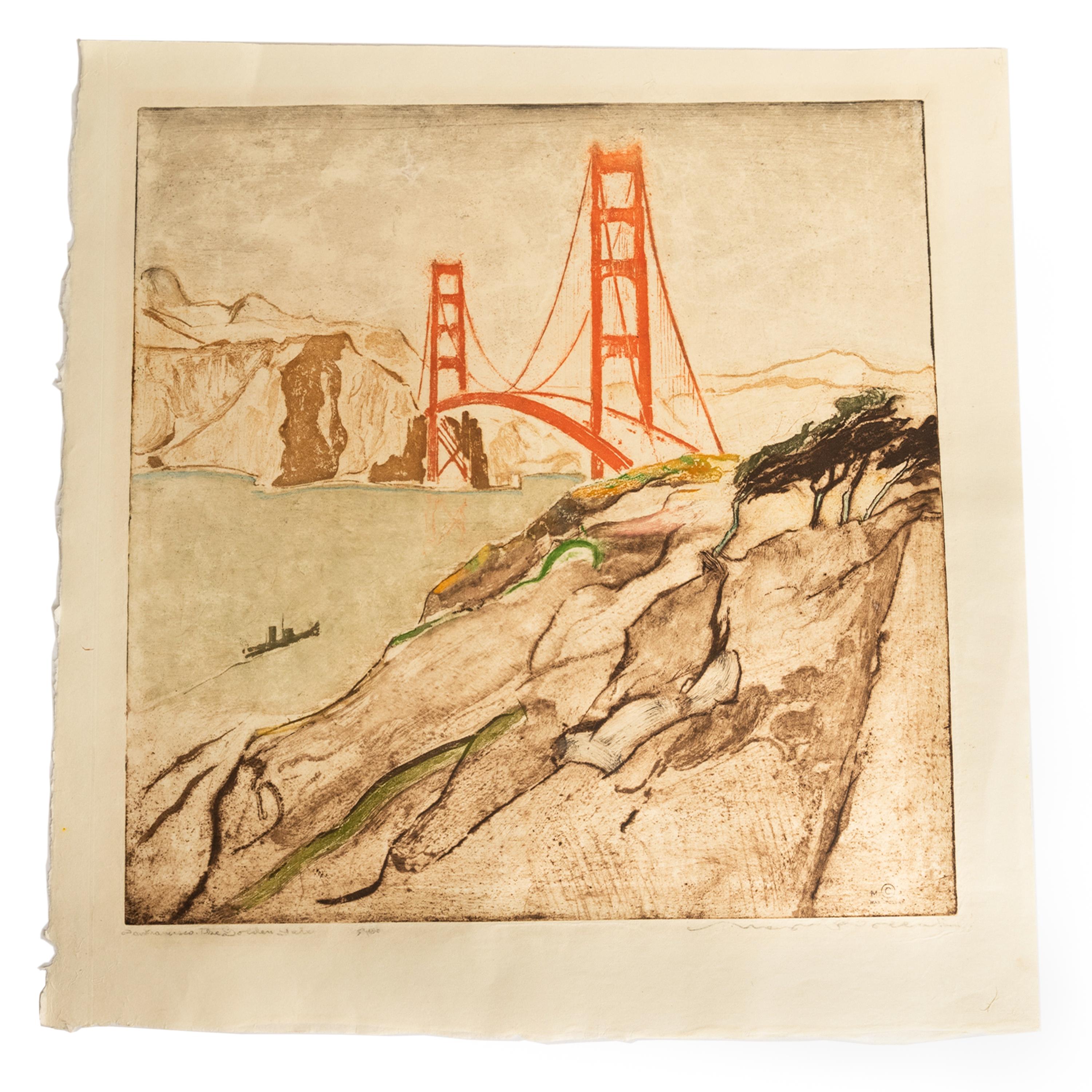 Max Pollak San Francisco Colored Etching Aquatint Golden Gate Bridge Signed 1944 4