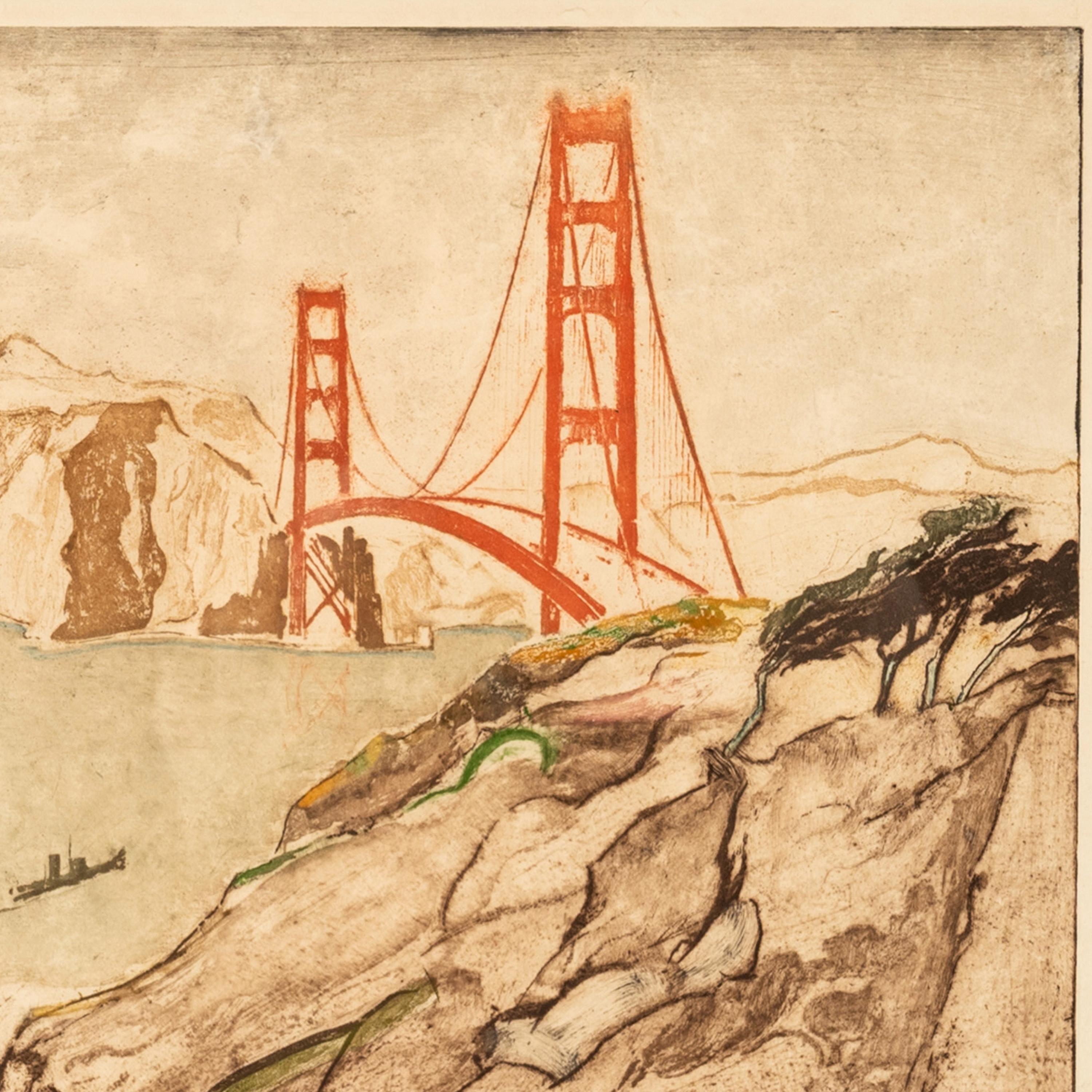 Max Pollak San Francisco Colored Etching Aquatint Golden Gate Bridge Signed 1944 6