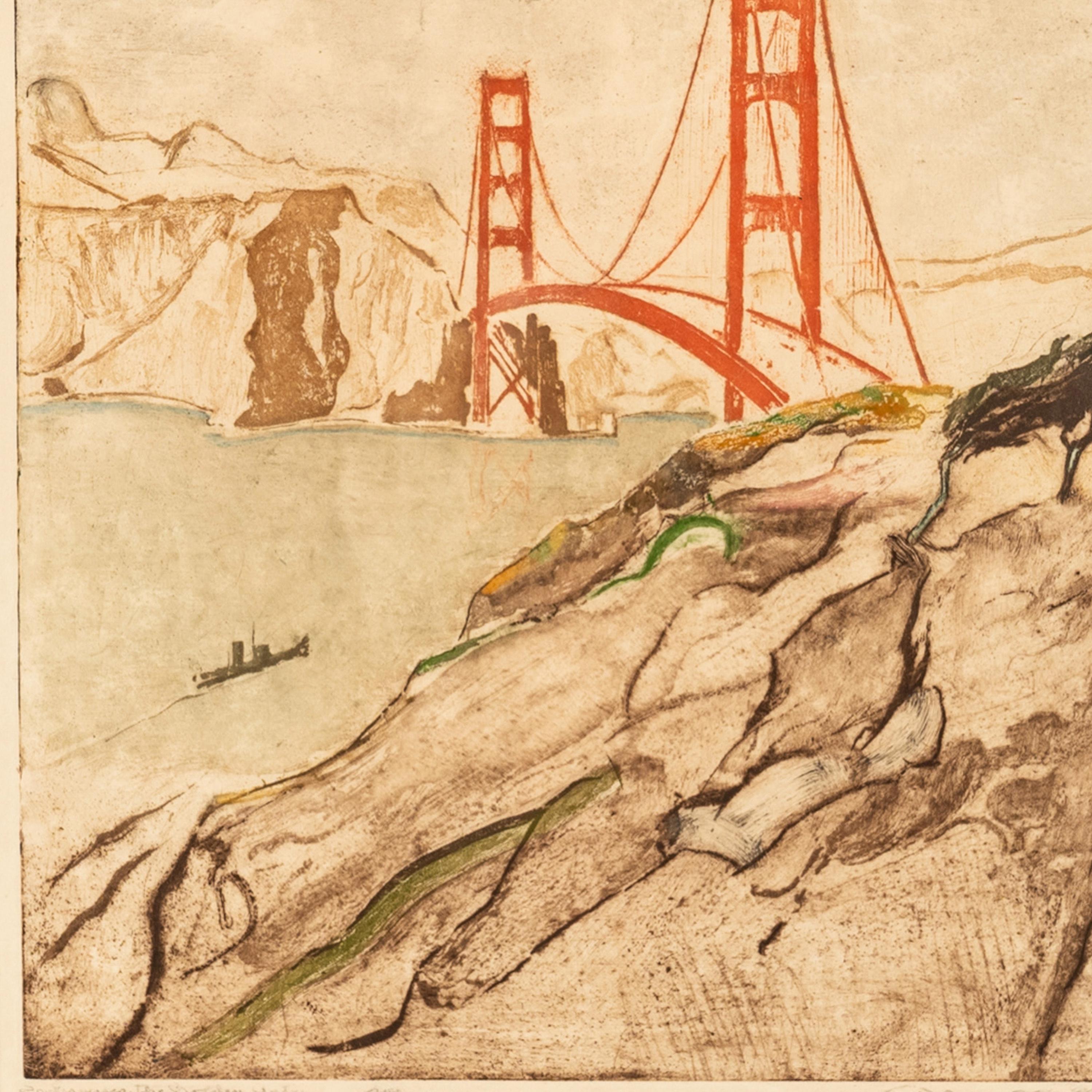 Max Pollak San Francisco Colored Etching Aquatint Golden Gate Bridge Signed 1944 7