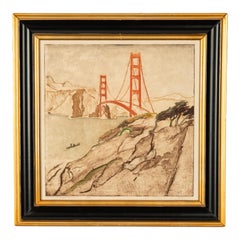 Max Pollak San Francisco Colored Etching Aquatint Golden Gate Bridge Signed 1944