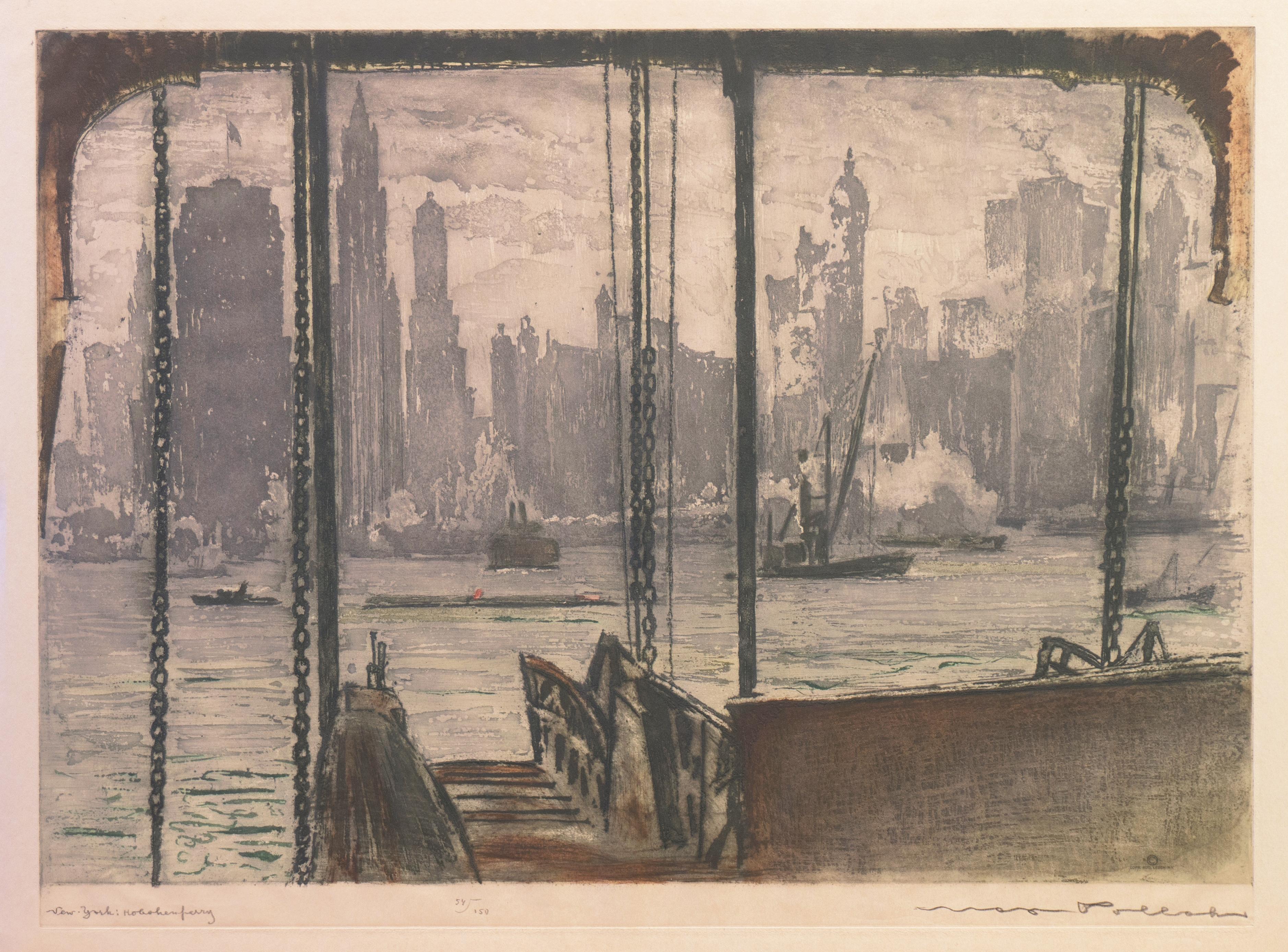'New York, the Hoboken Ferry', Vienna, Chicago & California Society of Etchers - Print by Max Pollak