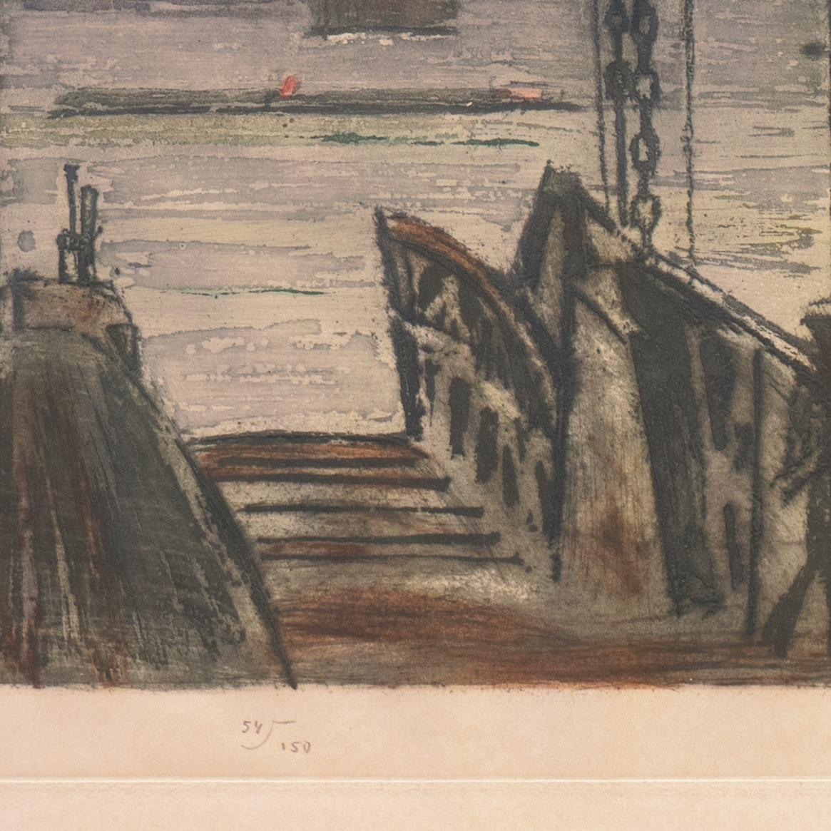 Signed lower right, 'Max Pollak' (American, 1886-1970) with number and limitation, lower center, '54/150' and titled, lower left, 'New York: Hoboken Ferry'. Stamped in plate, lower right, with copyright for 'Corp. Rud. Lesch N.Y.'
Paper dimensions: