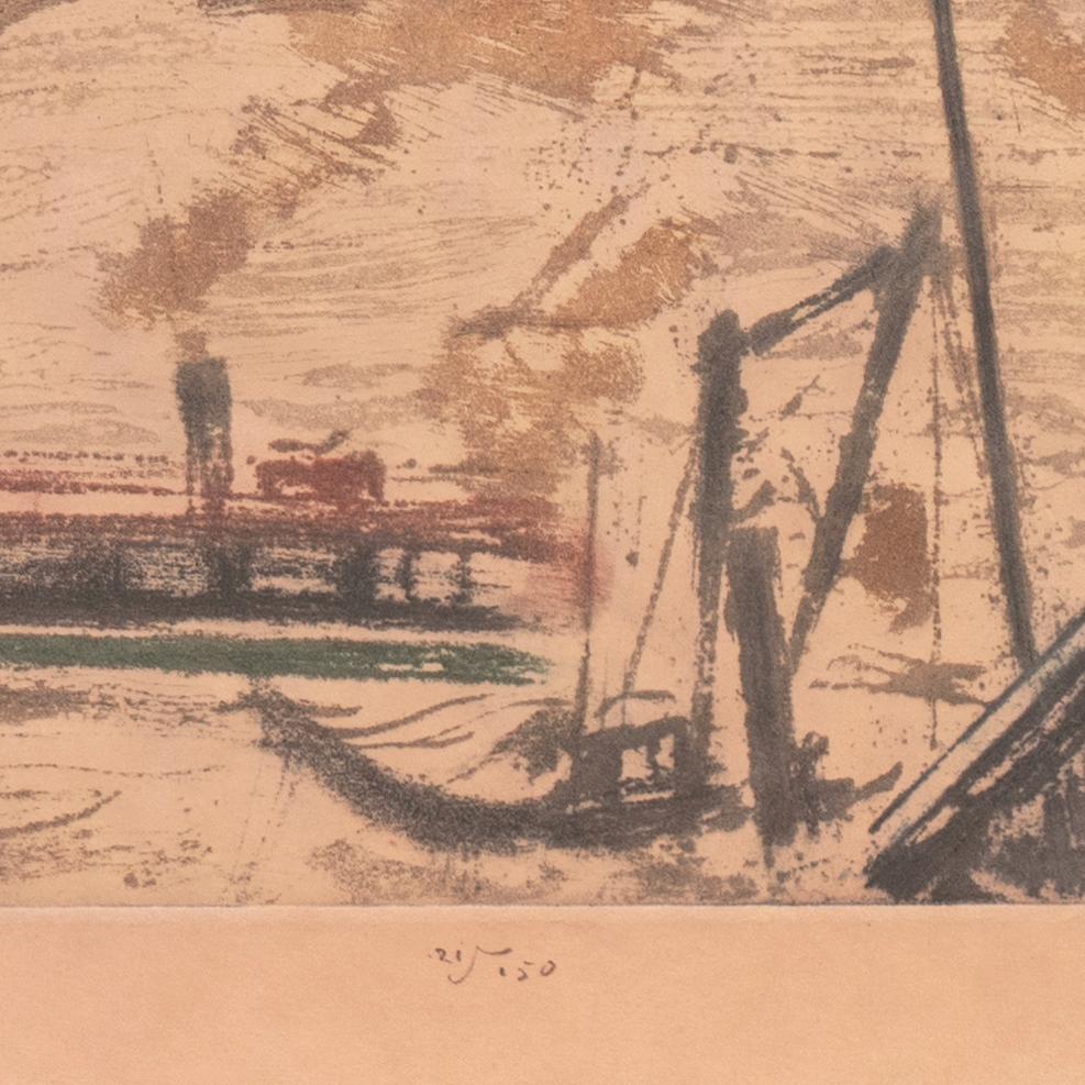 Signed lower right, 'Max Pollak' (American, 1886-1970) with number and limitation, lower center, '21/150' and titled, lower left, 'New York: East River'. Published by Rudolph Lesch and with copyright stamp  'Corp. Rud. Lesch NY' in lower left