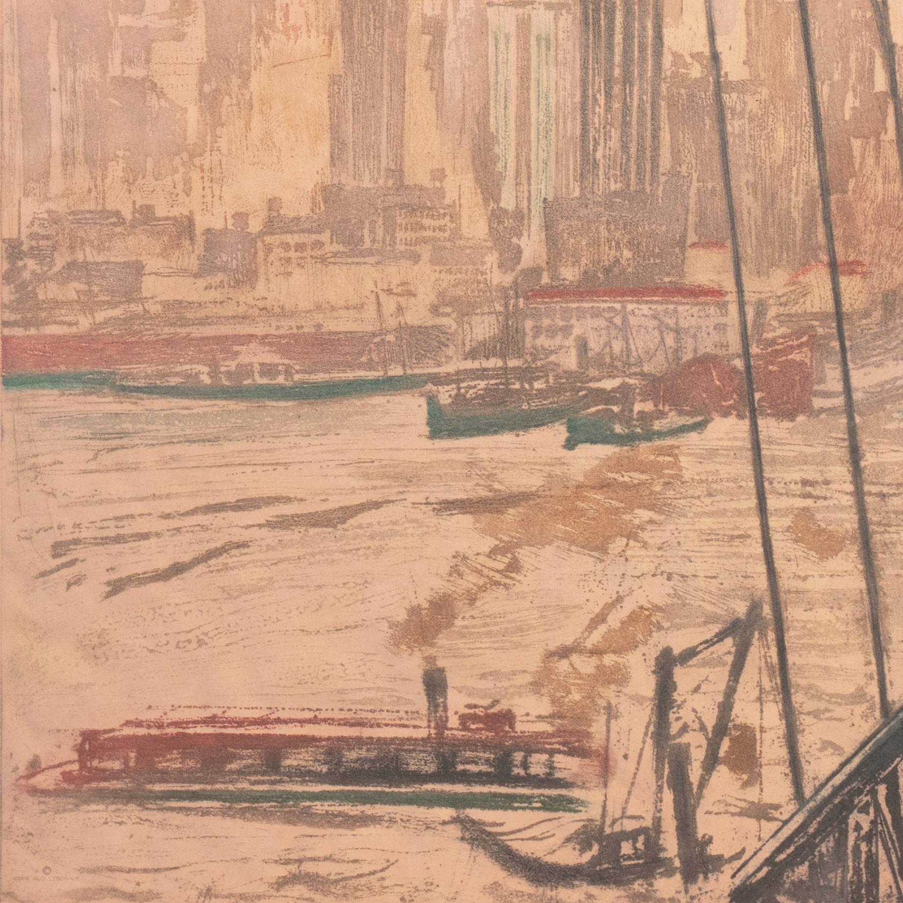 Signed lower right, 'Max Pollak' (American, 1886-1970) with number and limitation, lower center, '21/150' and titled, lower left, 'New York: East River'. Published by Rudolph Lesch and with copyright stamp  'Corp. Rud. Lesch NY' in lower left