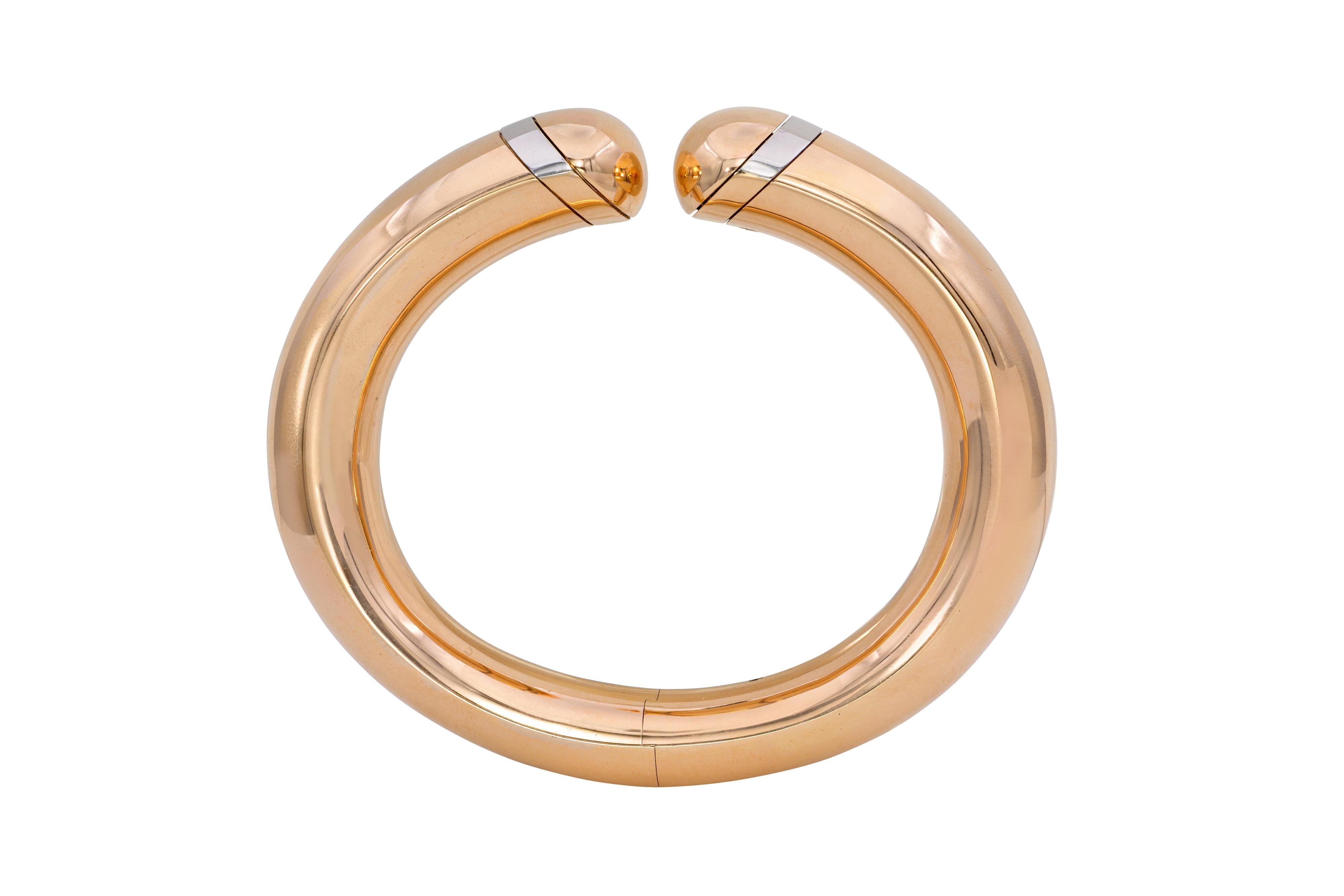 An 18 karat gold and platinum bangle, by Max Pollinger,  a German master jeweler who passed away in December 2000.  Extremely elegant and very comfortable.
Pollinger studied at the Academy of Fine Arts in Munich and was a student of jewelry and
