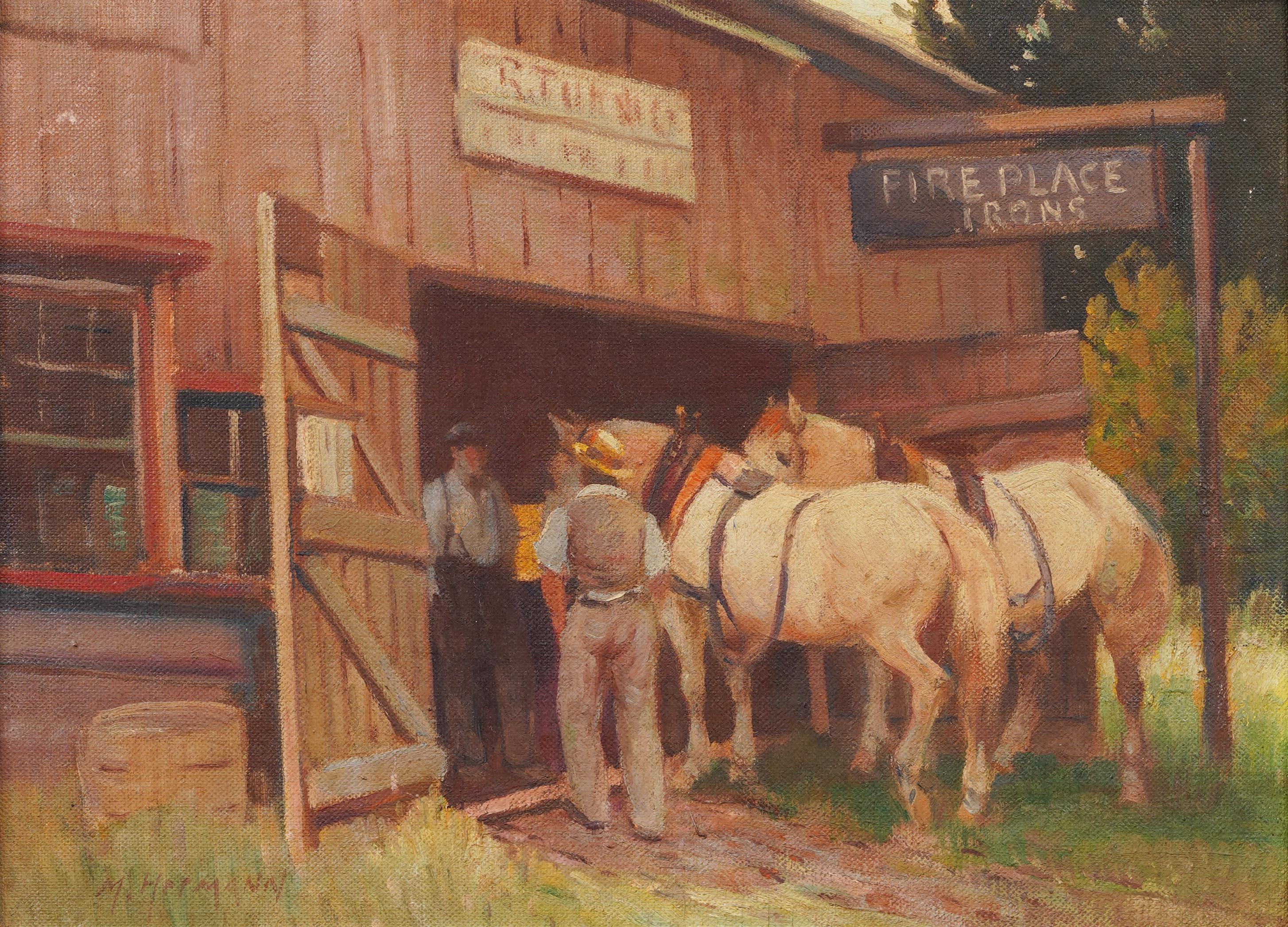Antico dipinto di paesaggio impressionista americano incorniciato NY Horse Barn Exhibited - Painting Impressionismo di Max R. Hermann
