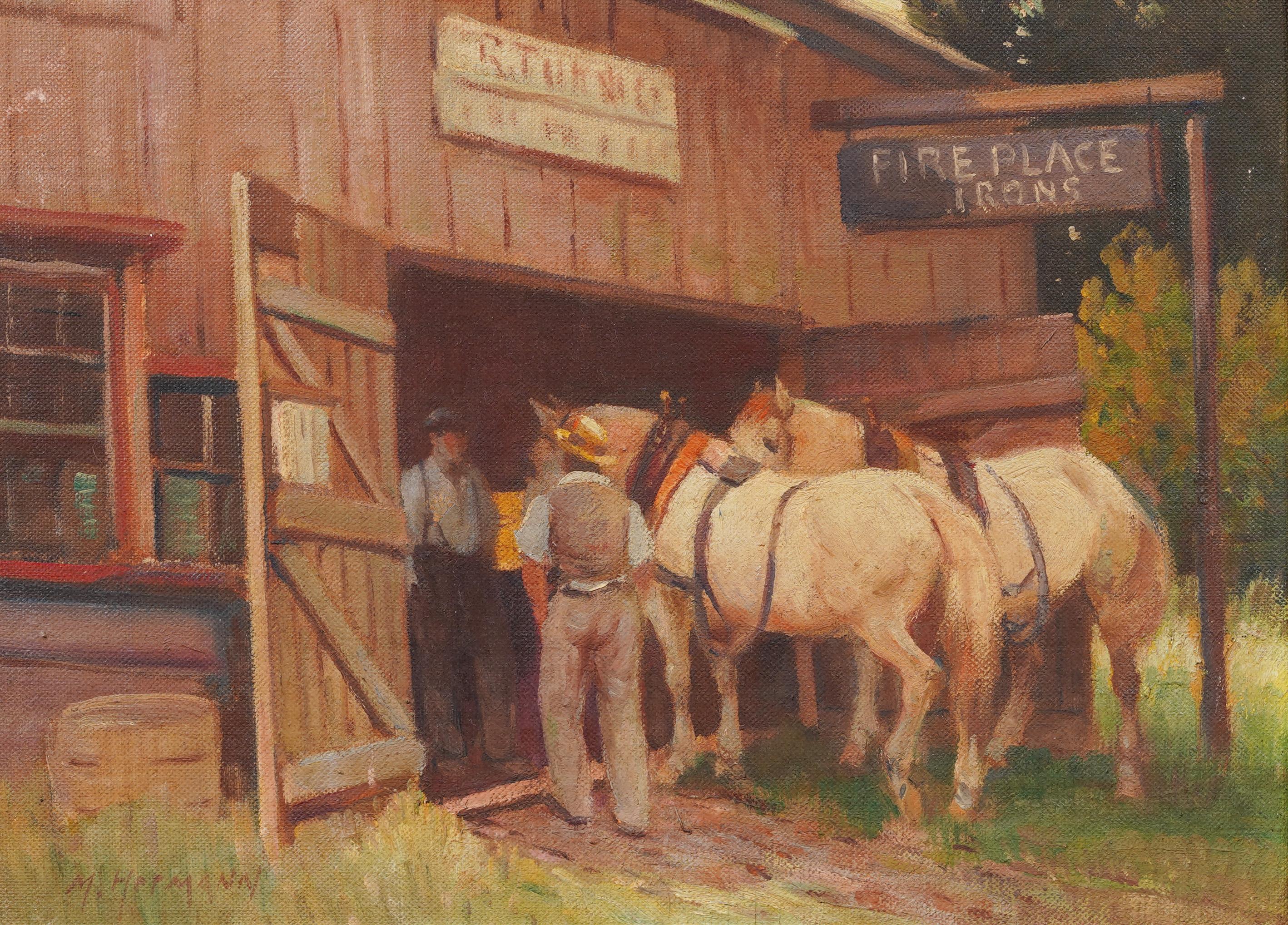Impressionante dipinto ad olio di Max R. Hermann (1879 - 1954), un paesaggio impressionista di una stalla di cavalli.  Incorniciato.  Olio su tela.  Firmato.  Dimensioni dell'immagine, 9H per 12L.
