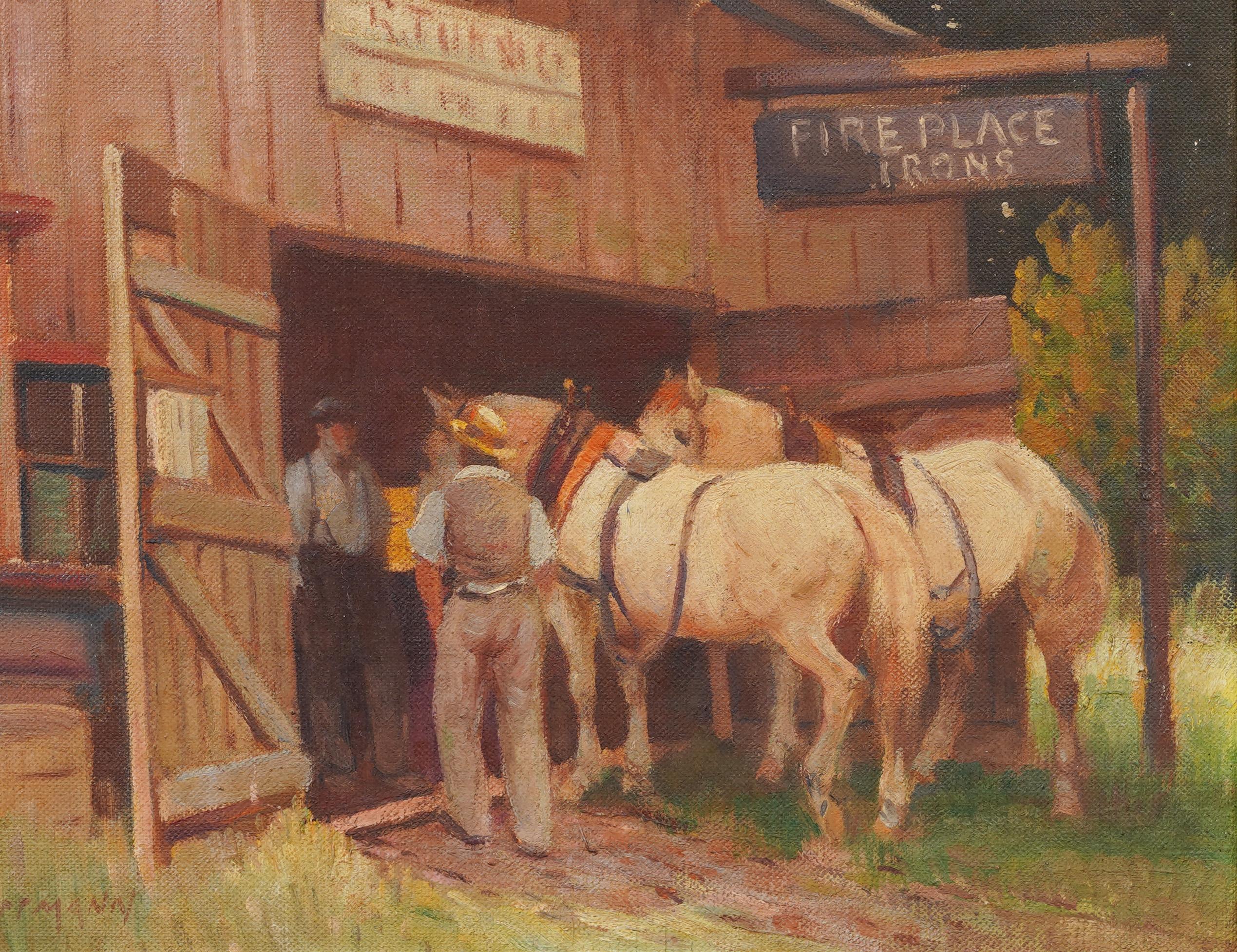 Antico dipinto di paesaggio impressionista americano incorniciato NY Horse Barn Exhibited 2