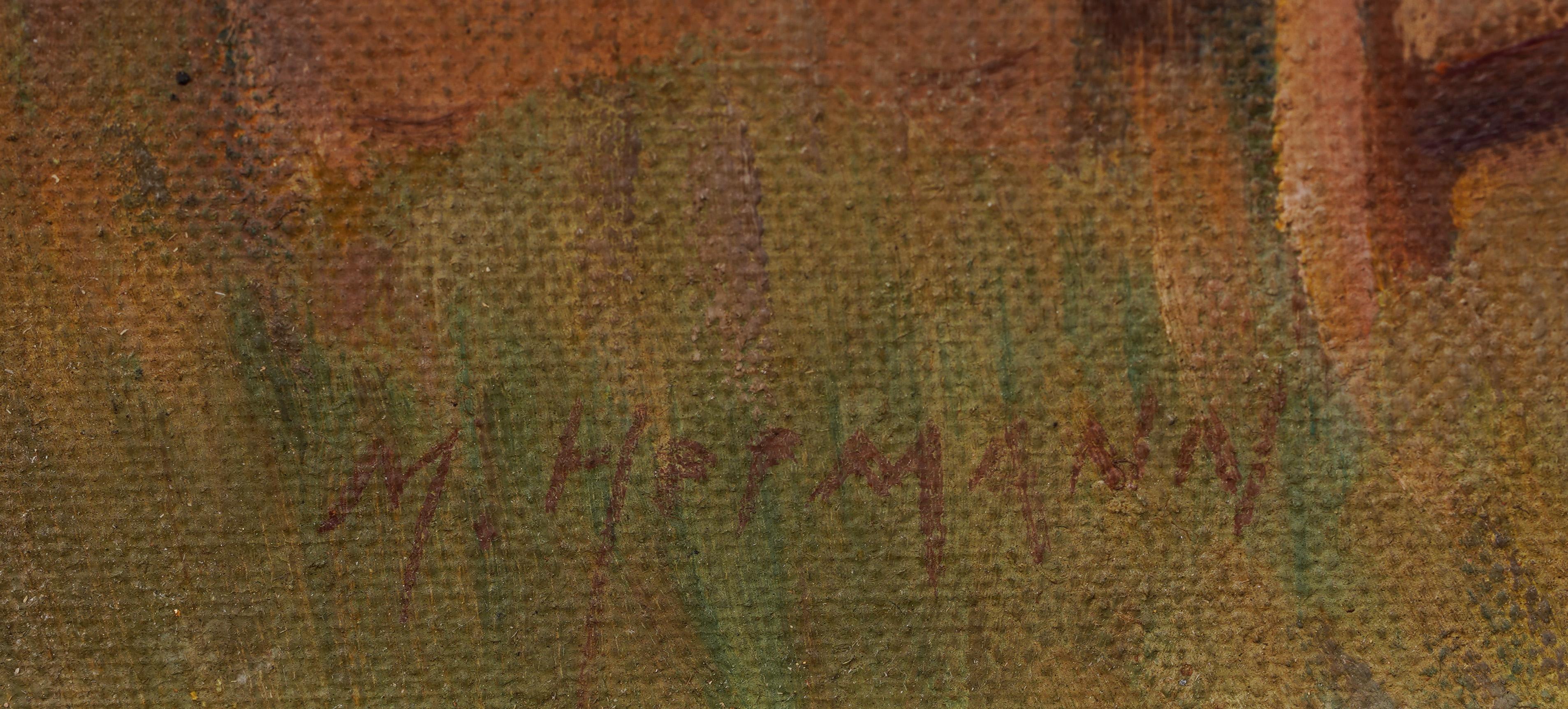Antico dipinto di paesaggio impressionista americano incorniciato NY Horse Barn Exhibited 3