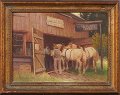 Antico dipinto di paesaggio impressionista americano incorniciato NY Horse Barn Exhibited