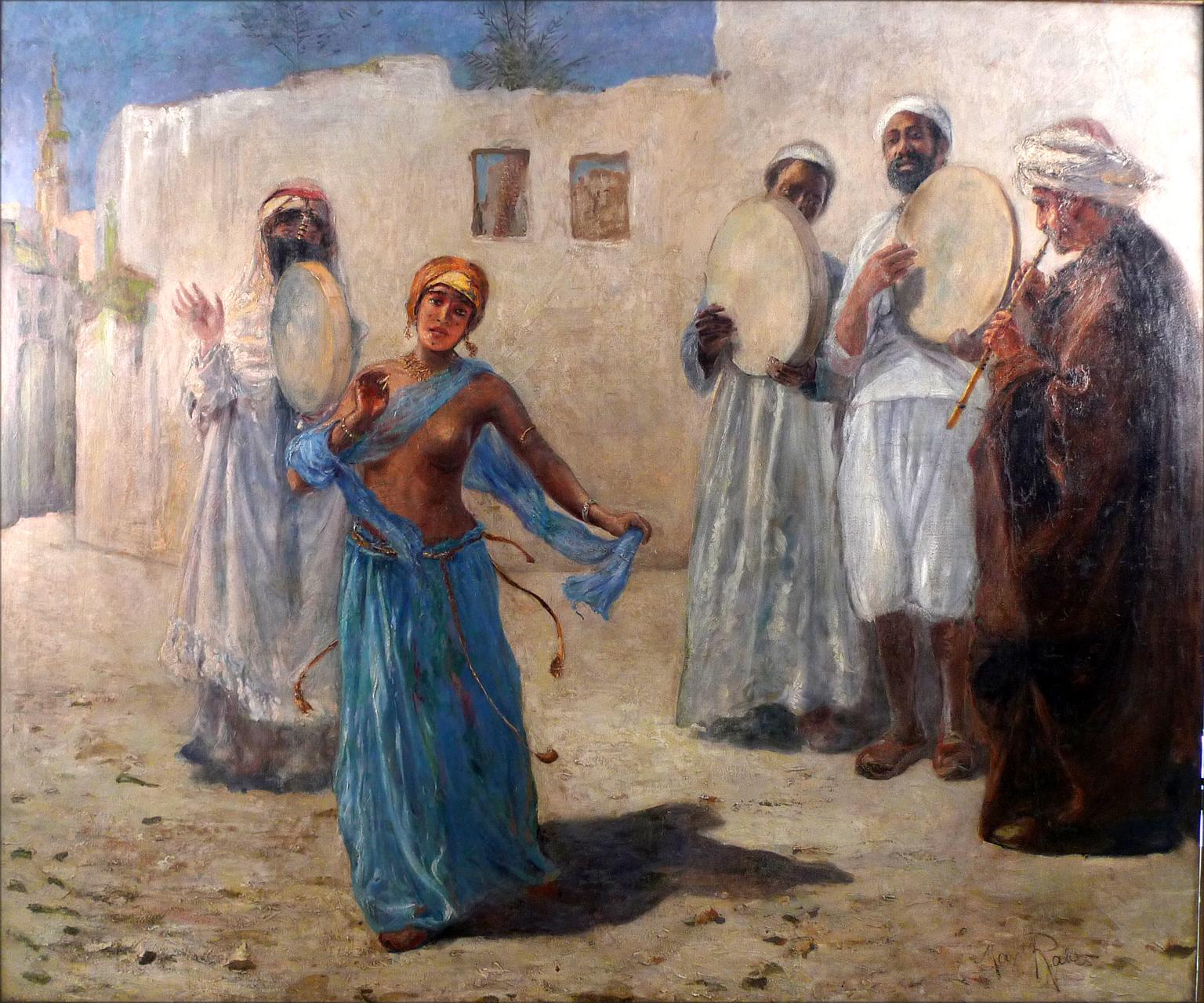 “An Orientalist Scene with Musicians and Dancer”, 19th C. Oil/Canvas by M. Rabes - Painting by Max Rabes