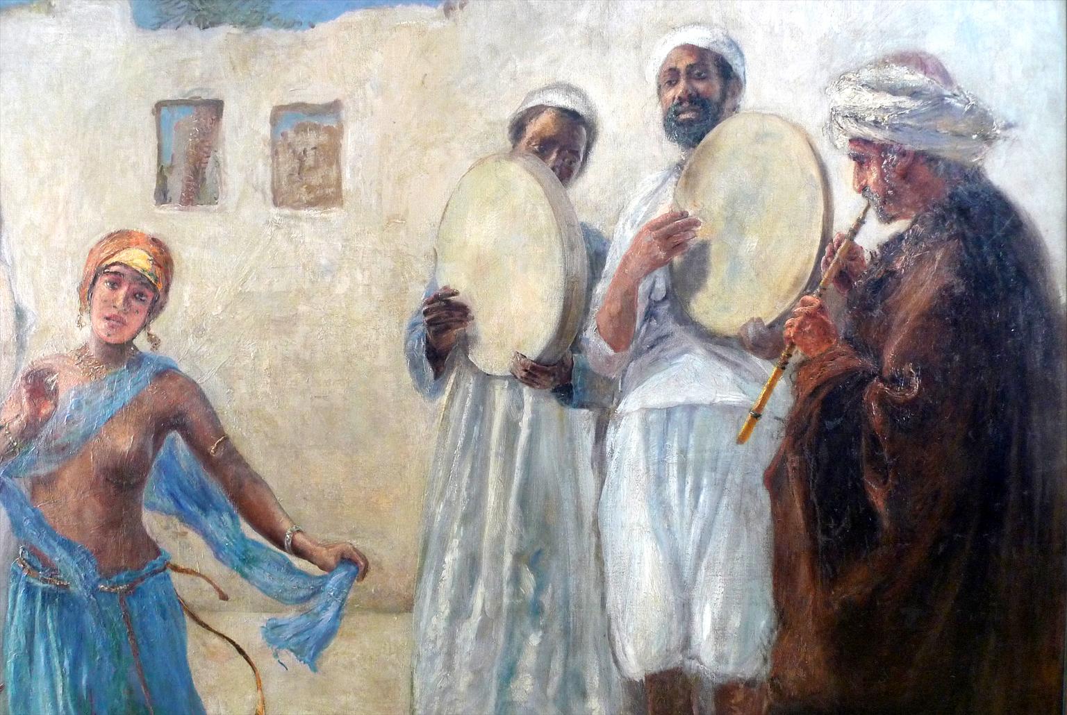 “An Orientalist Scene with Musicians and Dancer”, 19th C. Oil/Canvas by M. Rabes For Sale 2