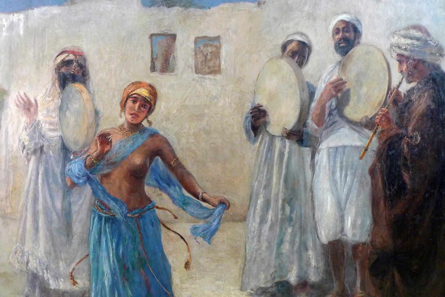 “An Orientalist Scene with Musicians and Dancer”, 19th C. Oil/Canvas by M. Rabes For Sale 4