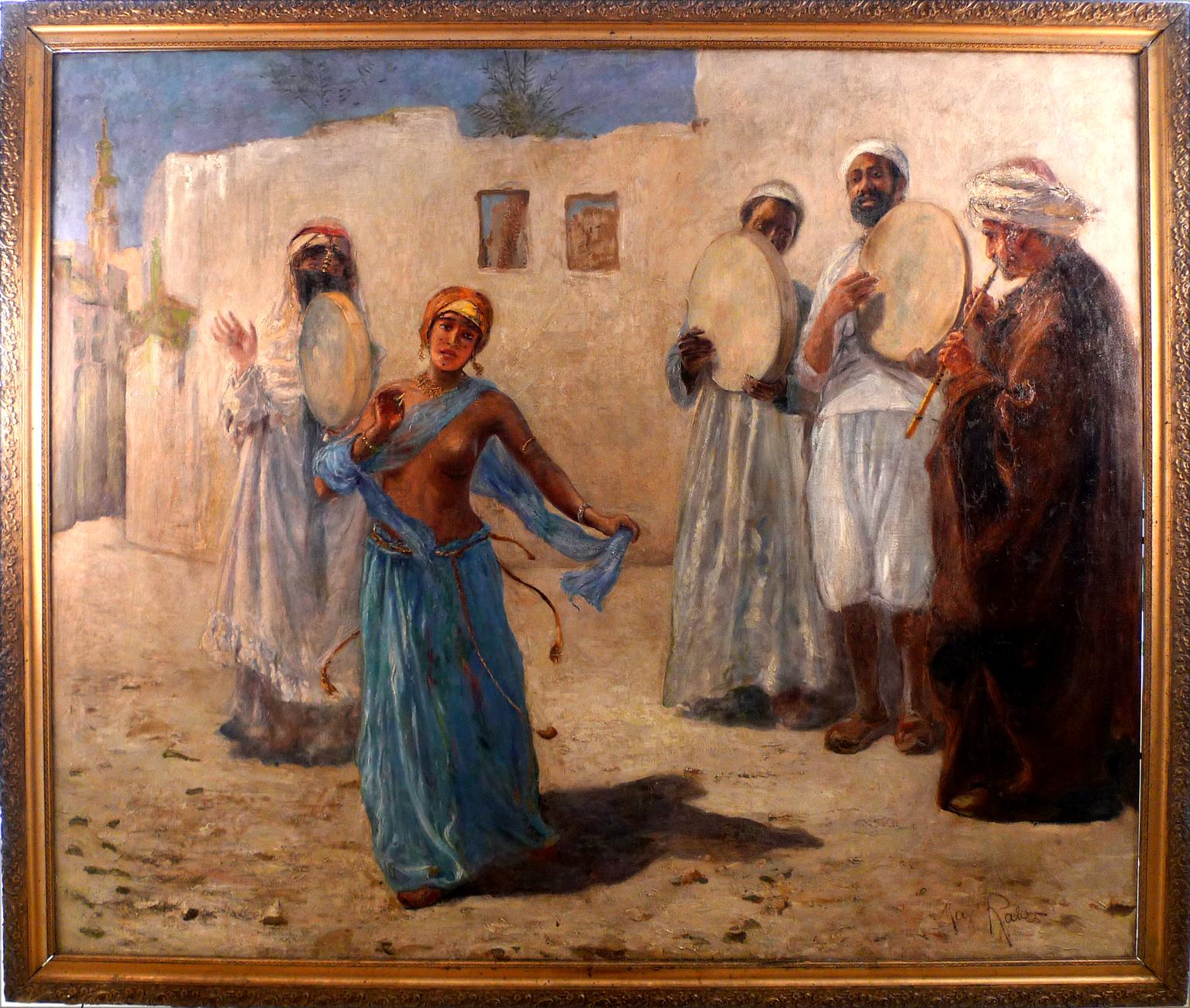 Max Rabes Landscape Painting - “An Orientalist Scene with Musicians and Dancer”, 19th C. Oil/Canvas by M. Rabes