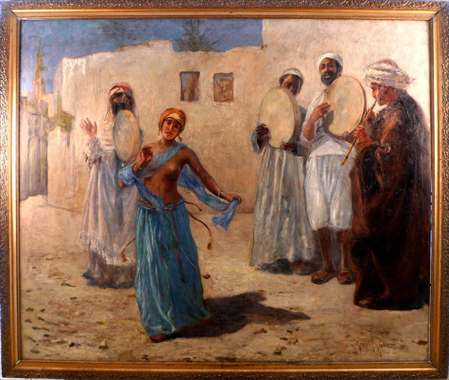 "Scena orientalista con musicisti e danzatrice", 19° secolo, olio/tela di M. Rabes