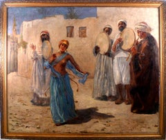 “An Orientalist Scene with Musicians and Dancer”, 19th C. Oil/Canvas by M. Rabes