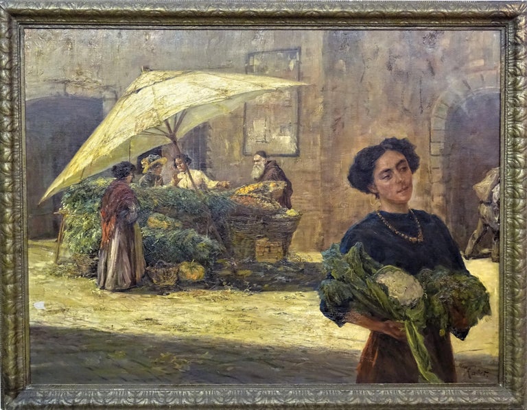 Early 20th Century Orientalist Style Max Rabes Italian Market Oil on Canvas For Sale 4
