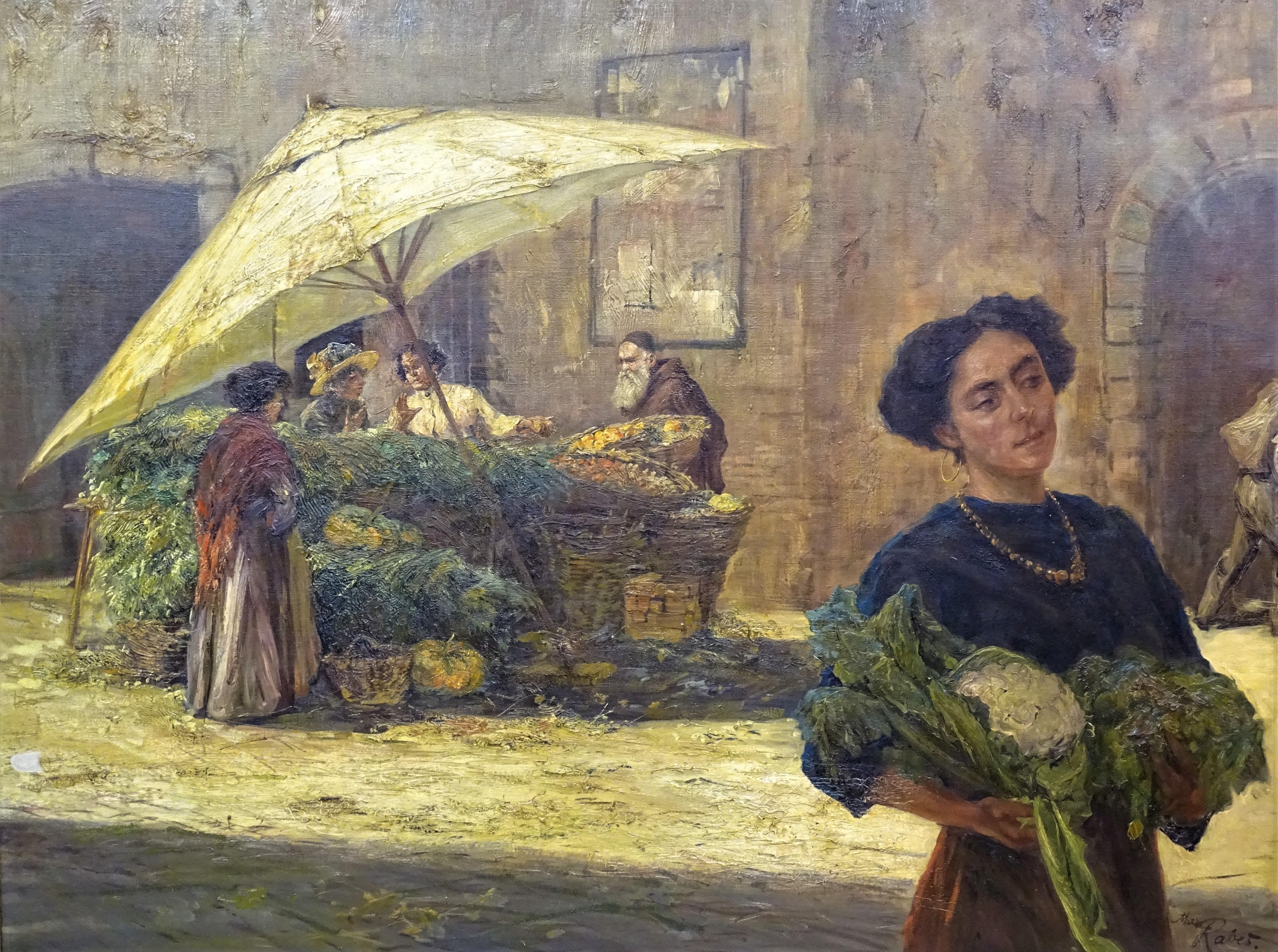 Early 20th Century Orientalist Style Max Rabes Italian Market Oil on Canvas