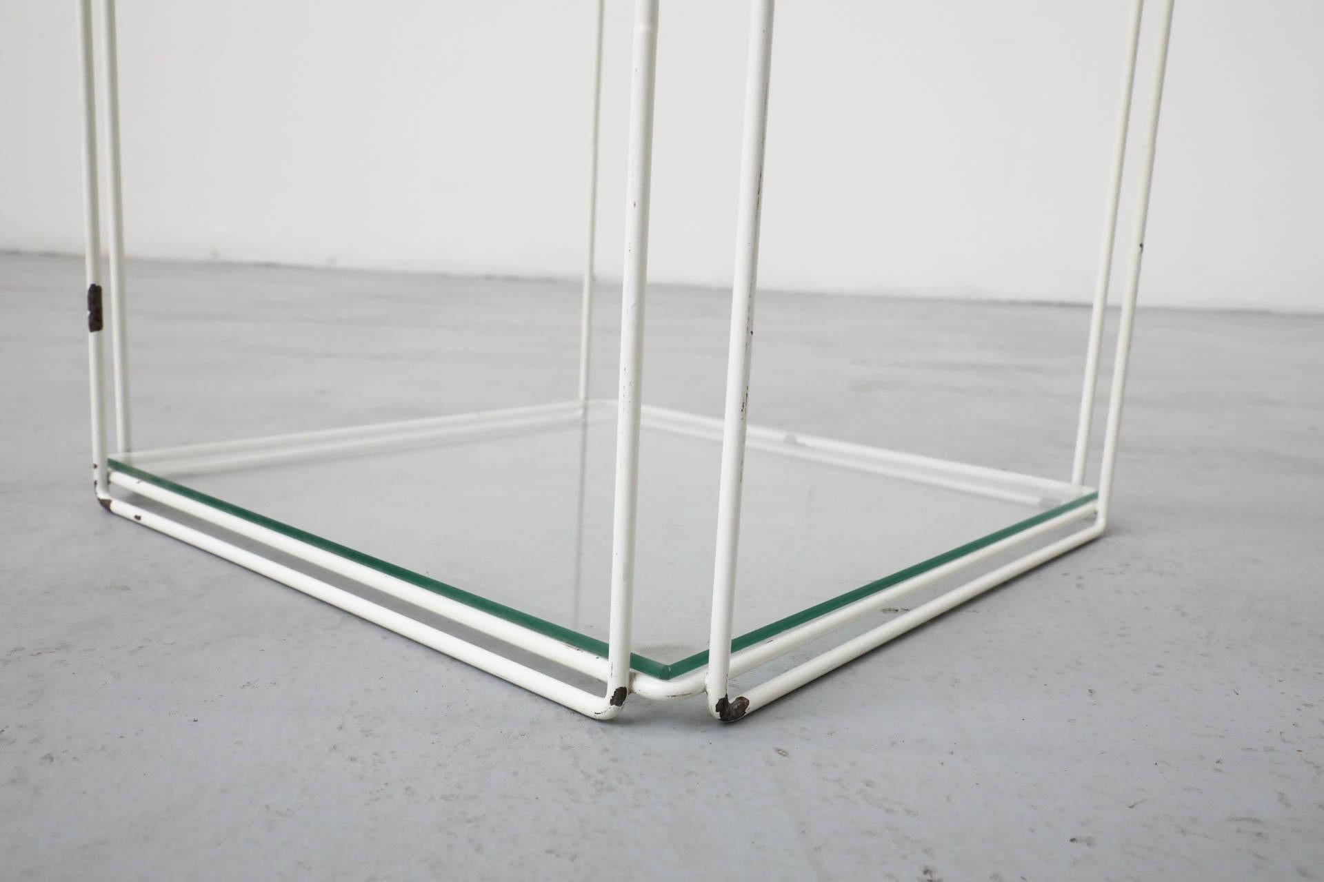 Max Sauze Attributed Wire Cube Side Table in White with Glass Shelf and Top For Sale 5