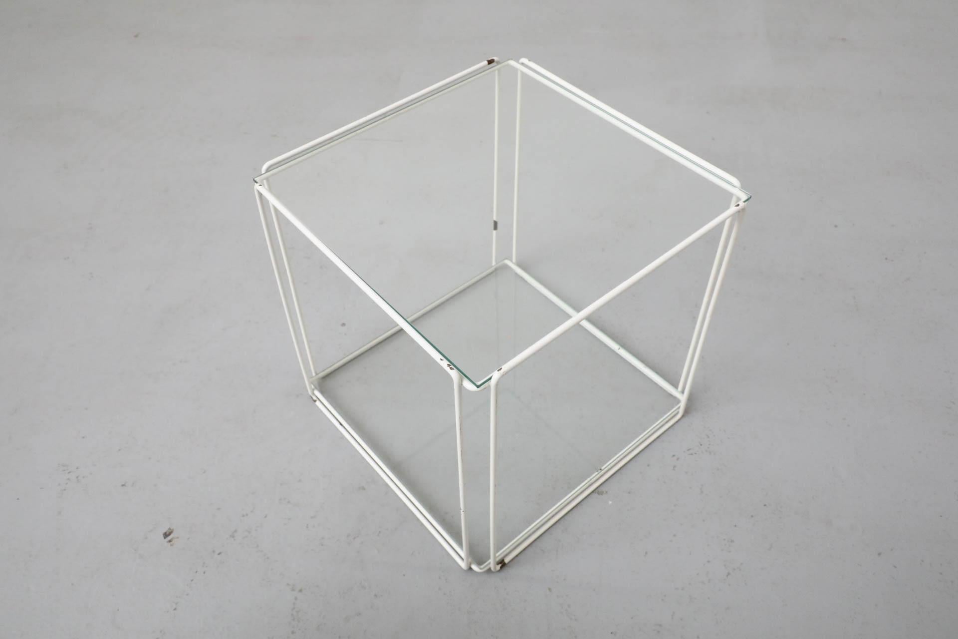 Max Sauze Attributed Wire Cube Side Table in White with Glass Shelf and Top For Sale 6