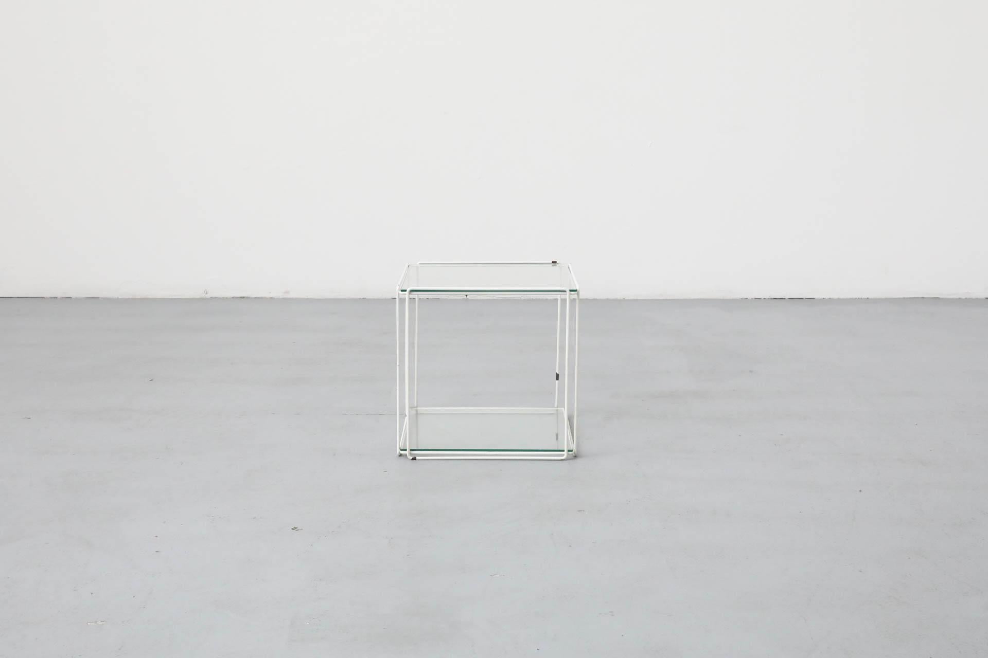 Mid-Century Modern Max Sauze Attributed Wire Cube Side Table in White with Glass Shelf and Top For Sale