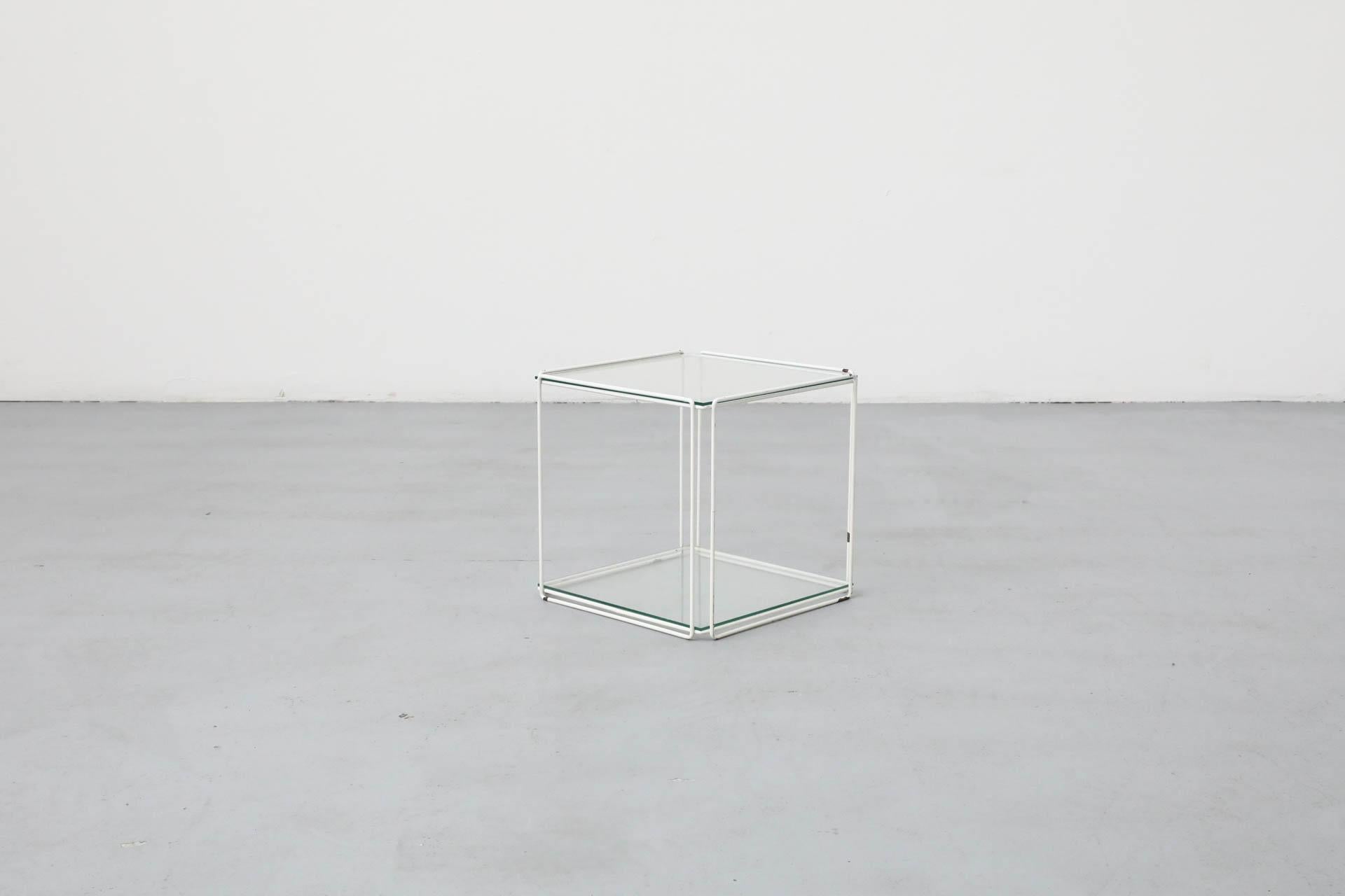 French Max Sauze Attributed Wire Cube Side Table in White with Glass Shelf and Top For Sale