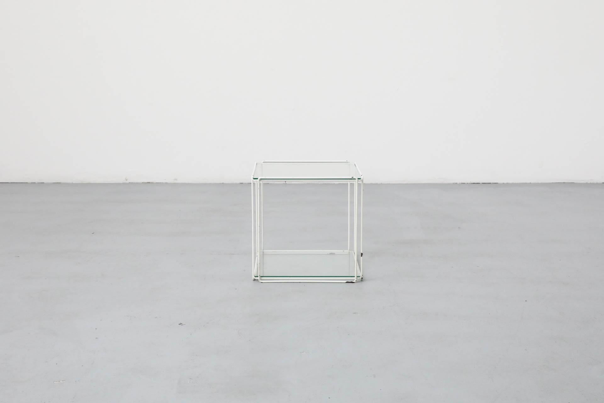 Enameled Max Sauze Attributed Wire Cube Side Table in White with Glass Shelf and Top For Sale
