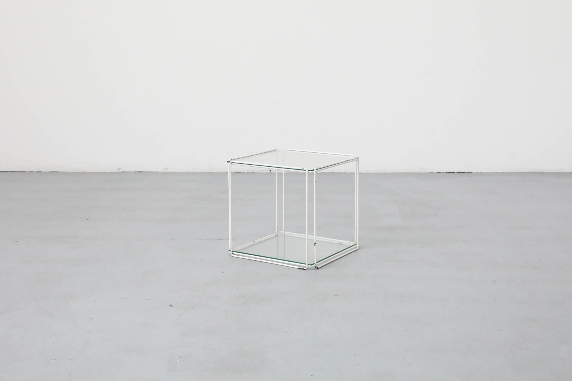 Max Sauze Attributed Wire Cube Side Table in White with Glass Shelf and Top In Good Condition For Sale In Los Angeles, CA