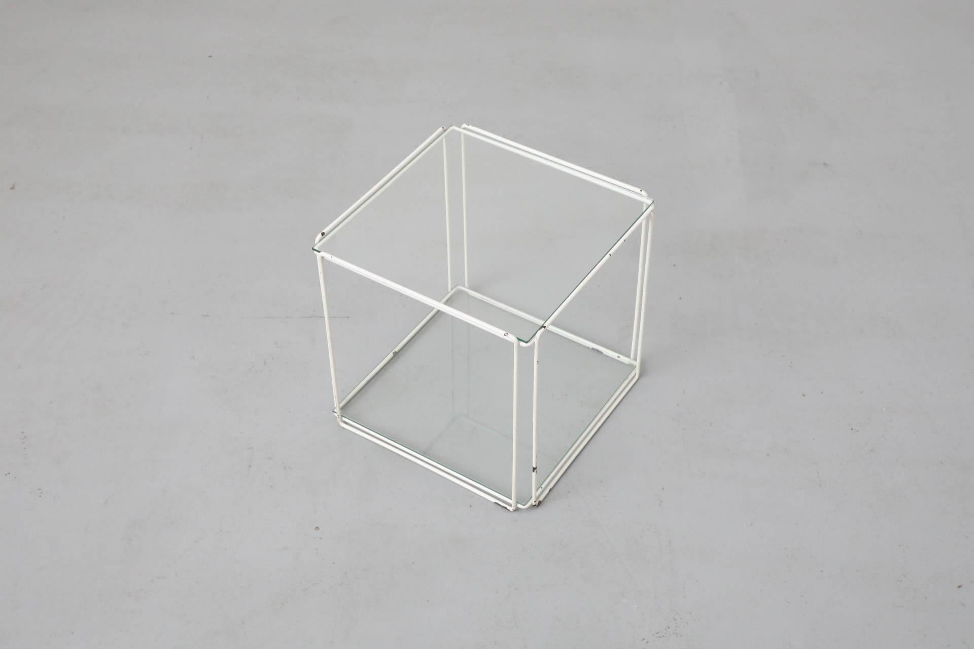 20th Century Max Sauze Attributed Wire Cube Side Table in White with Glass Shelf and Top For Sale
