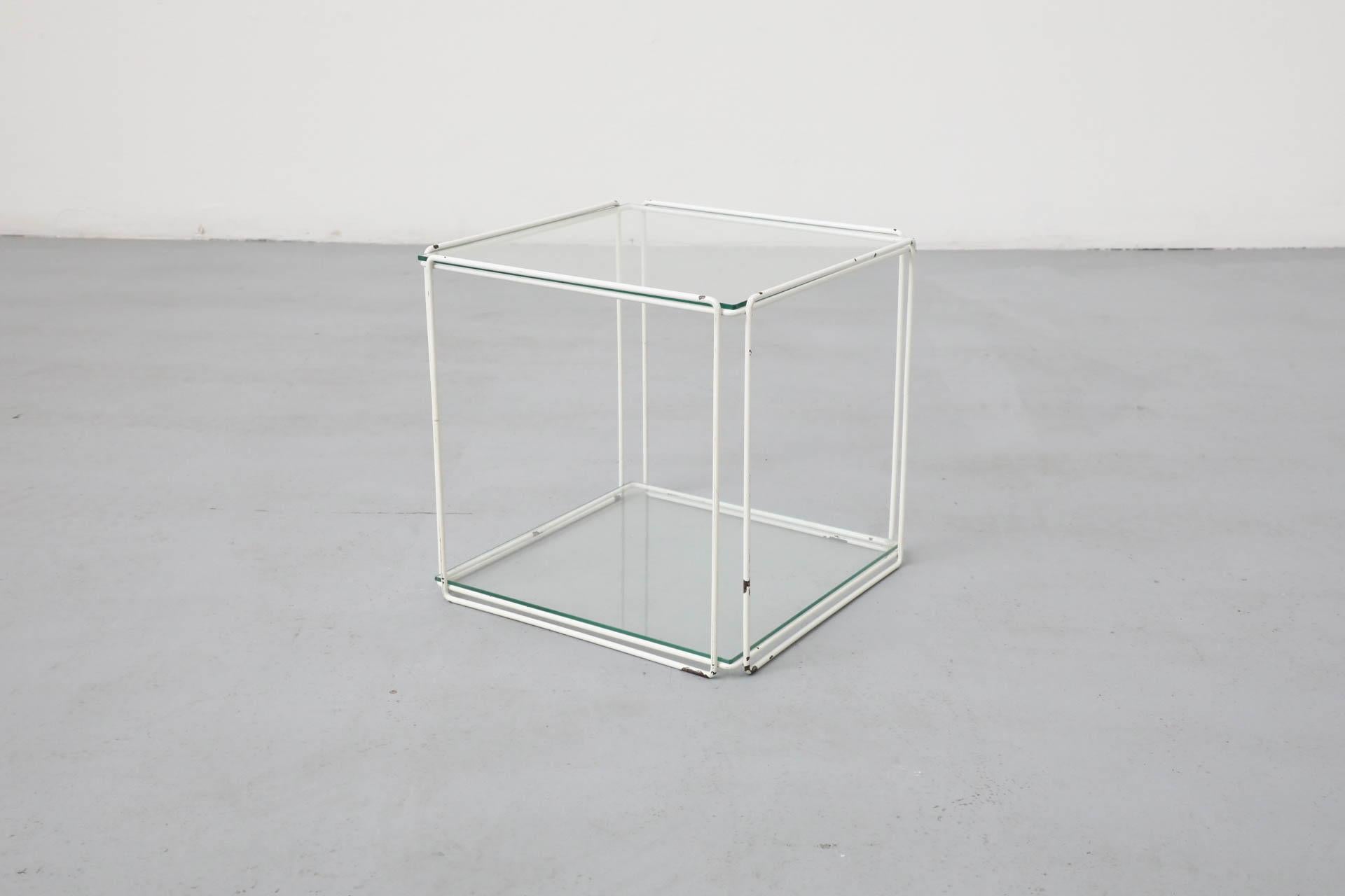 Max Sauze Attributed Wire Cube Side Table in White with Glass Shelf and Top For Sale 1