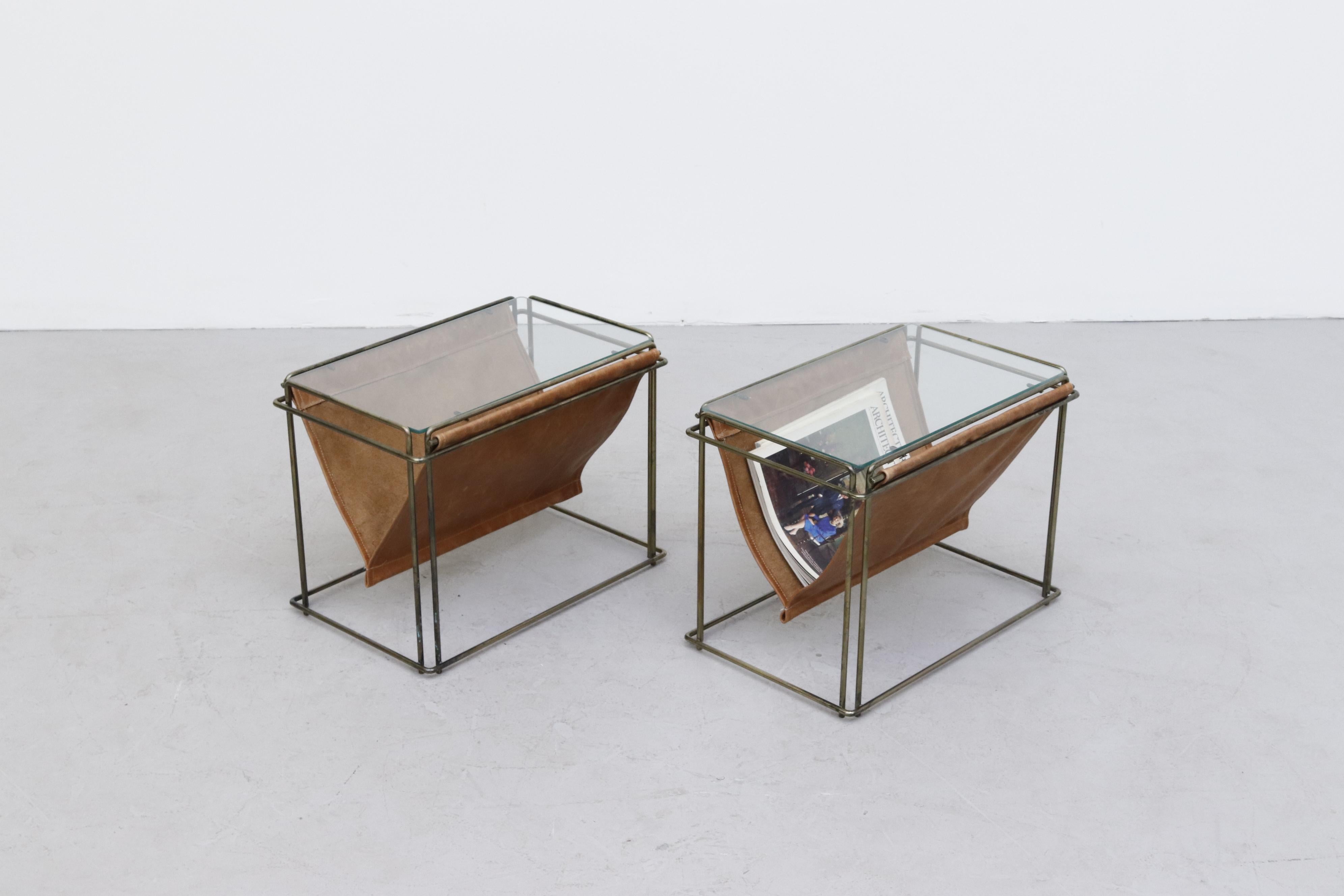 Mid-Century Modern Max Sauze Brass and Leather Side Tables