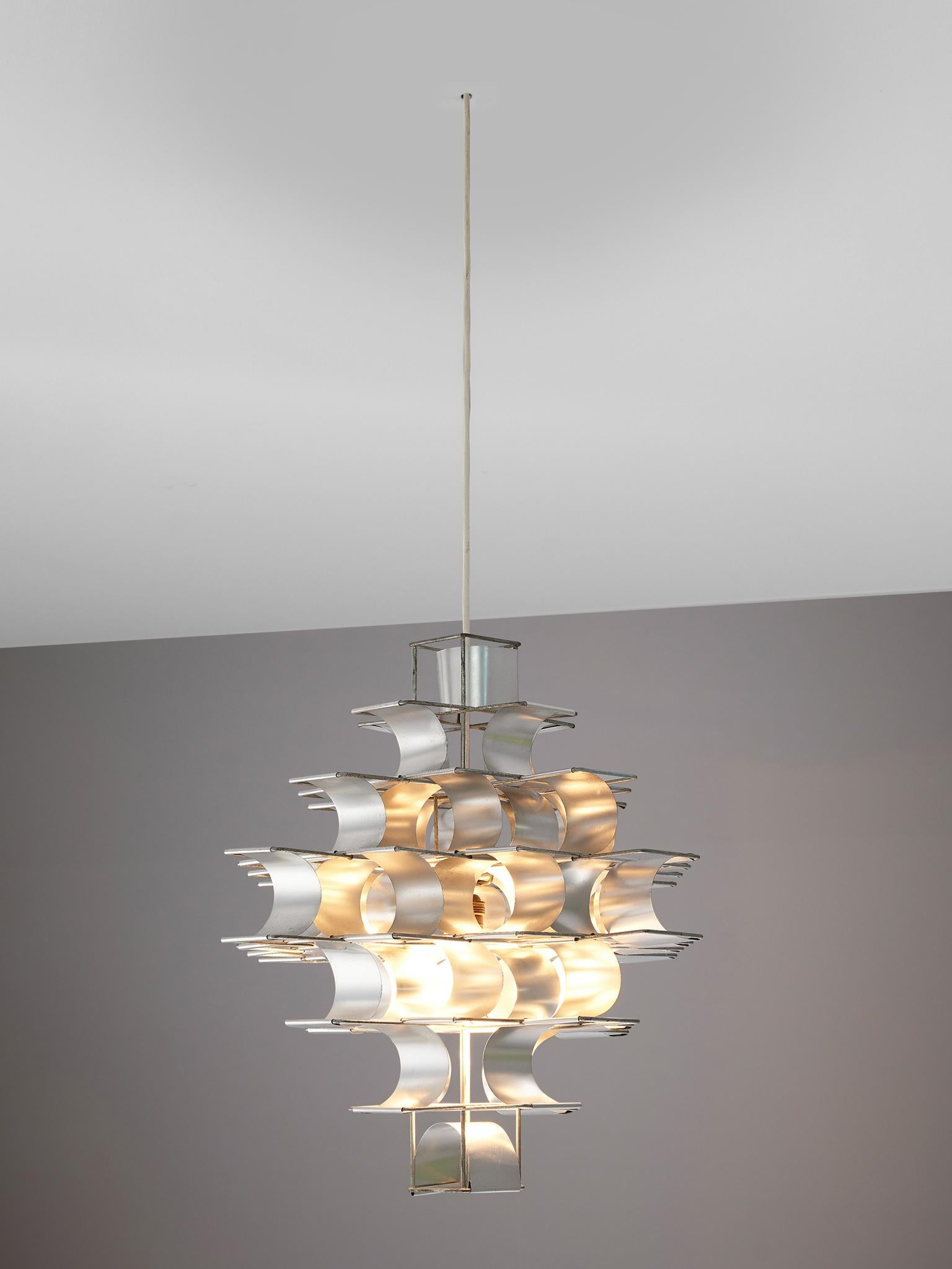 Max Sauze, chandelier, aluminium, France, 1970s. 

Large 'Cassiope' chandelier in aluminium by French designer Max Sauze. This light has been build up on a metal frame combined with bend aluminium leaves to provide a symmetric design with a