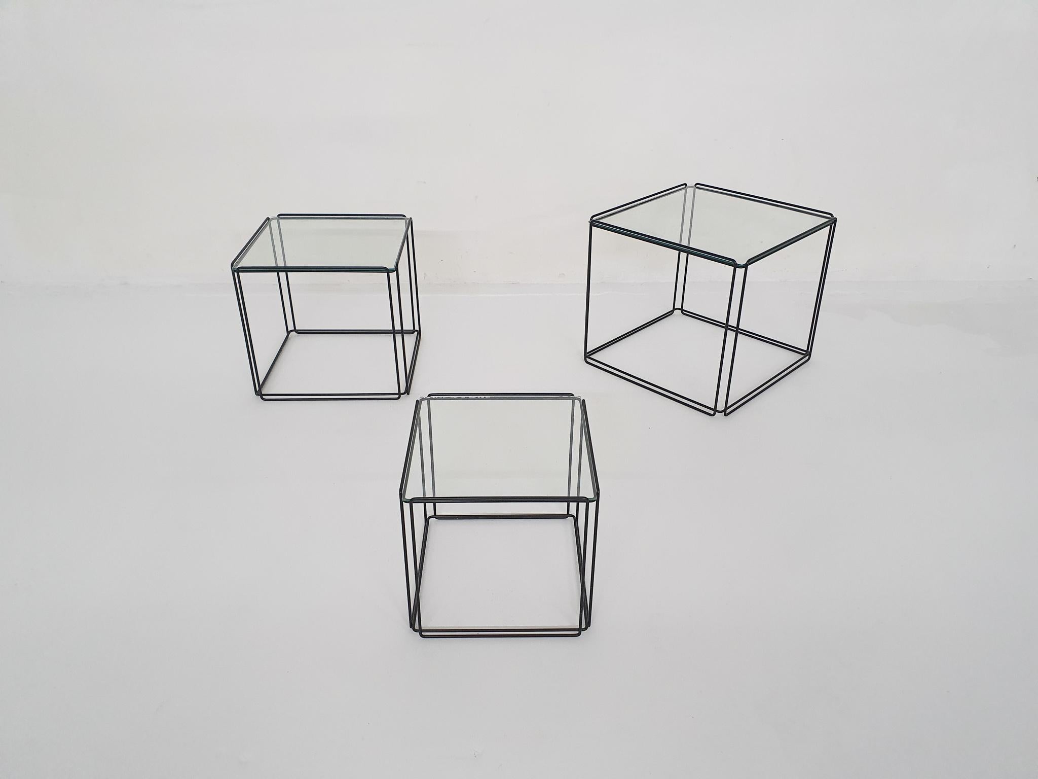 Black metal minimalistic side tables with glass top.
In good condition.