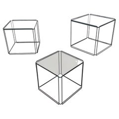 Max Sauze for Max Sauze Studio "Isocele"Glass and Metal Nesting Tables, 1970's