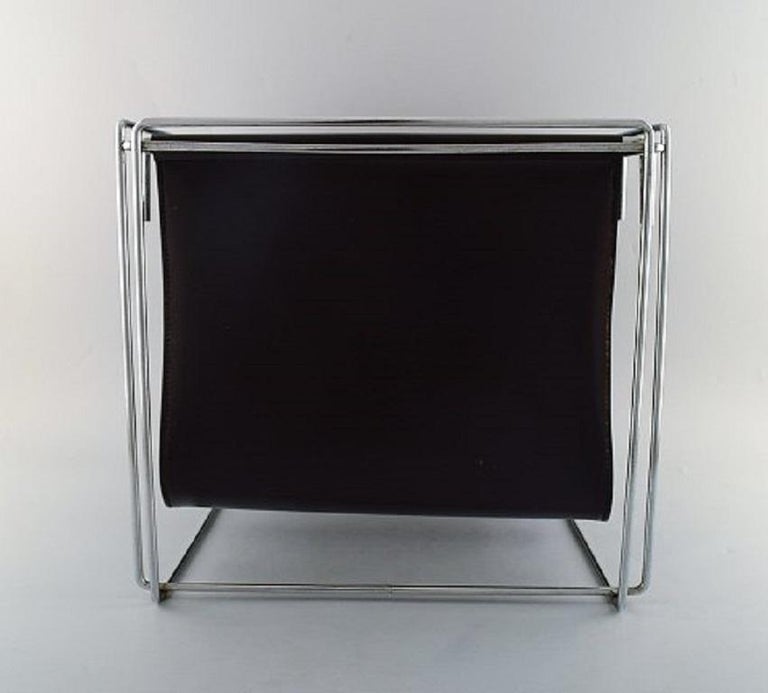 Max Sauze, French Designer, Magazine Holder in Chrome and Brown Leather